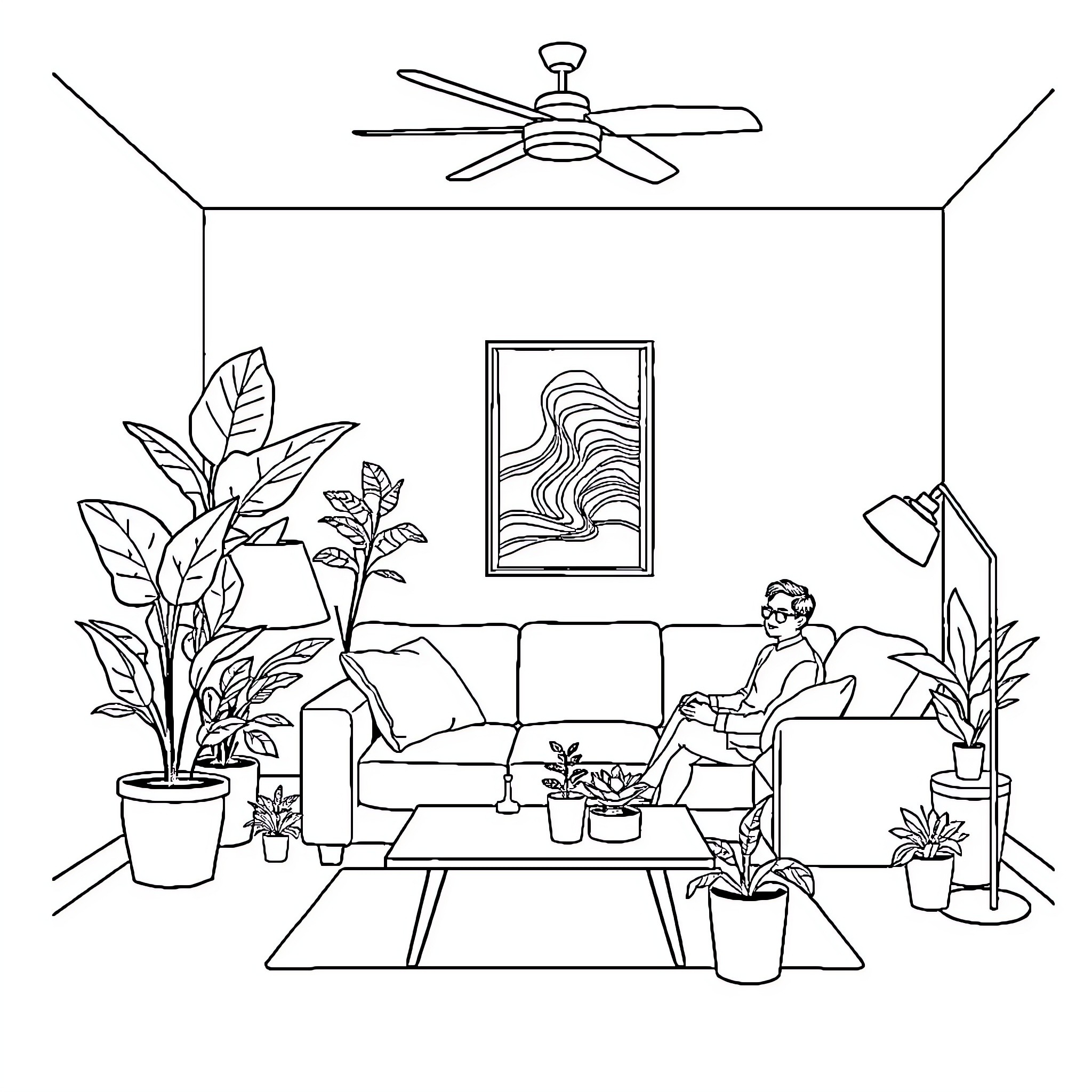 Living Room with Relaxing Person and Decorative Plants Coloring Page (free black-and-white line drawing printable PDF for all, from beginners to advanced learners, including children, teens, adults, and seniors)