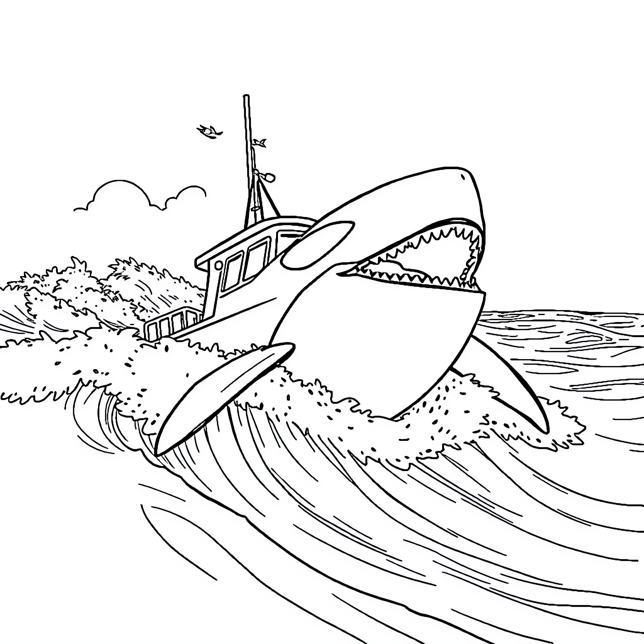 Orca attacking a boat on the high seas Coloring Page (free black-and-white line drawing printable PDF for all, from beginners to advanced learners, including children, teens, adults, and seniors)