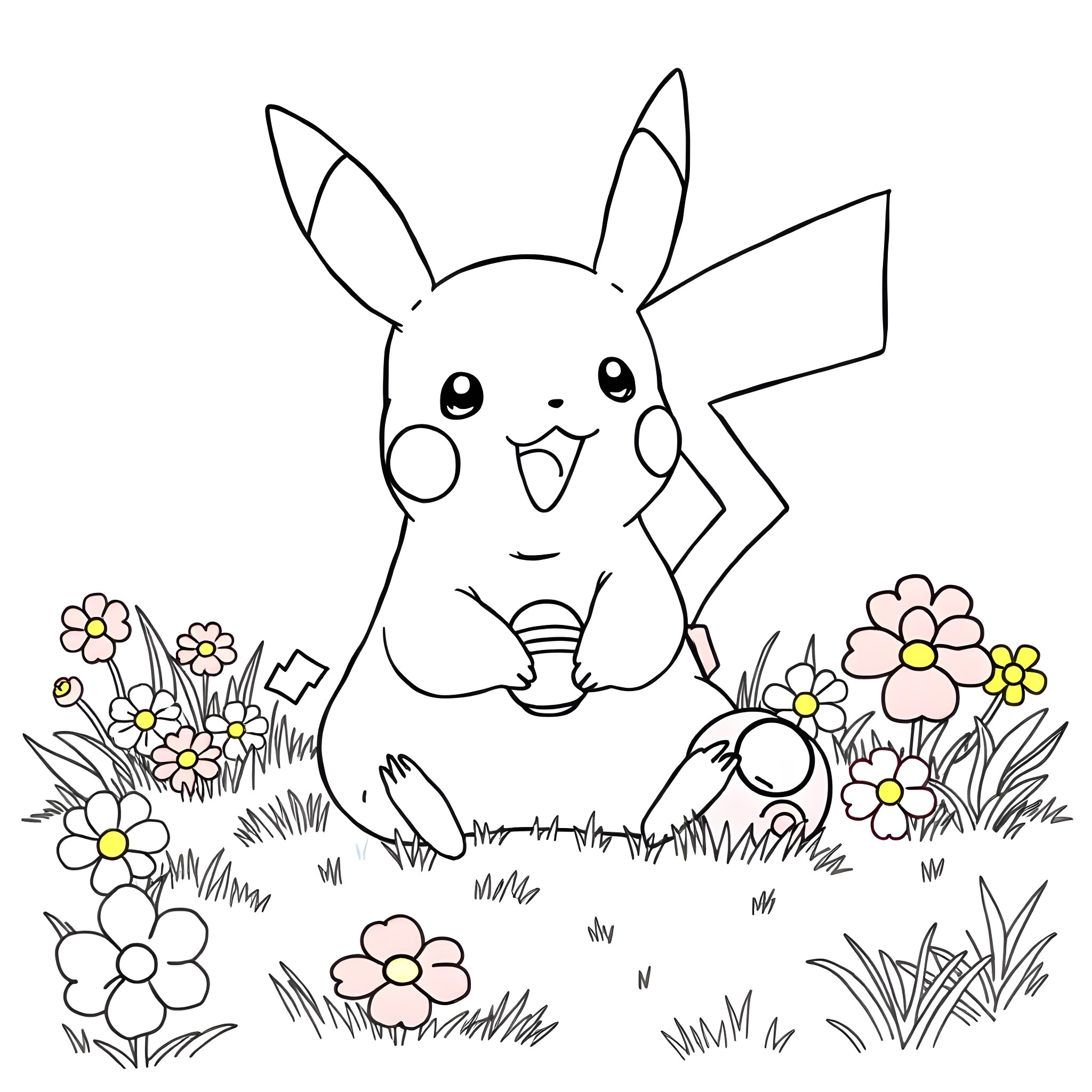 Pikachu playing happily in a floral meadow Coloring Page (free black-and-white line drawing printable PDF for all, from beginners to advanced learners, including children, teens, adults, and seniors)