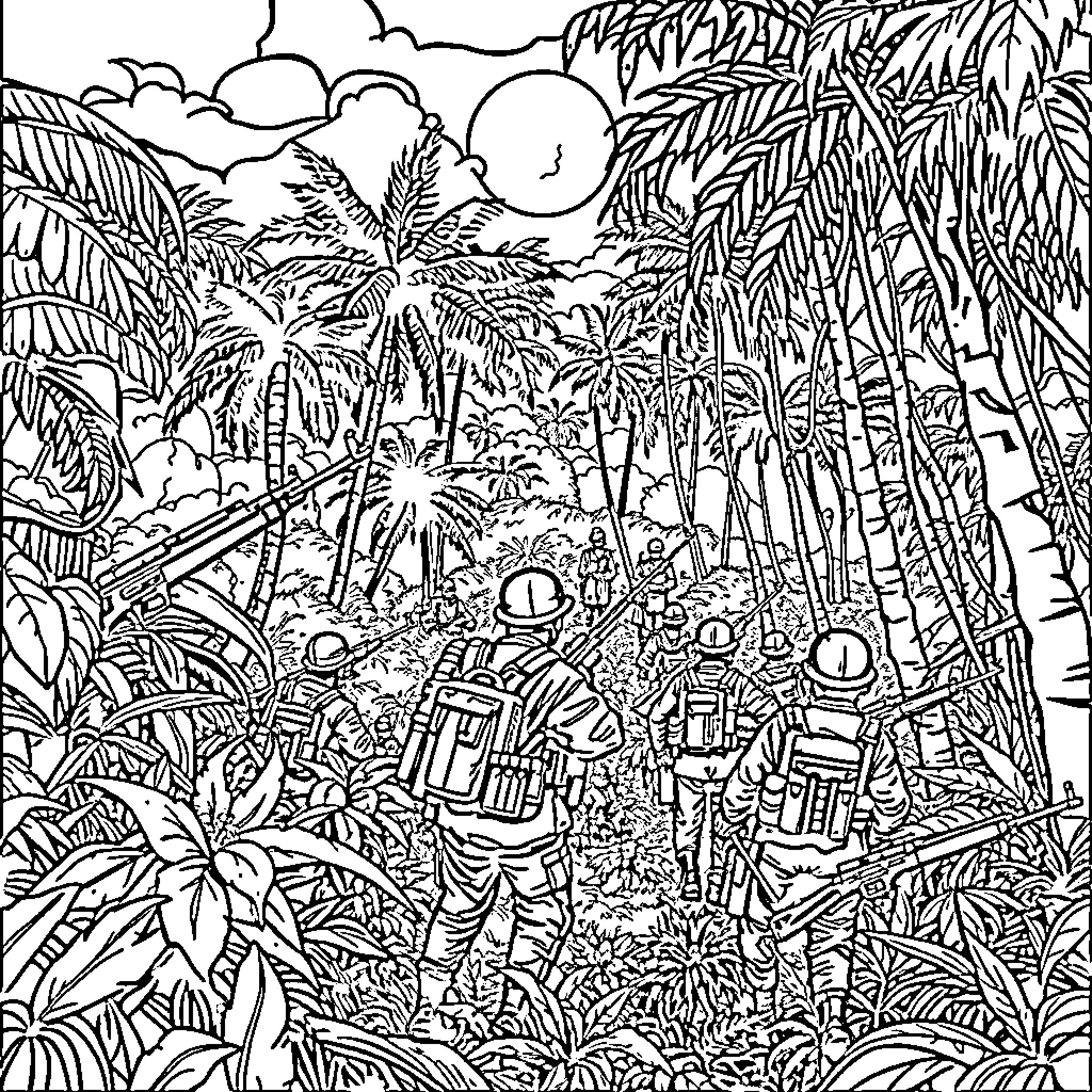 Vietnam War Soldiers in Jungle Warfare Coloring Page (free black-and-white line drawing printable PDF for all, from beginners to advanced learners, including children, teens, adults, and seniors)