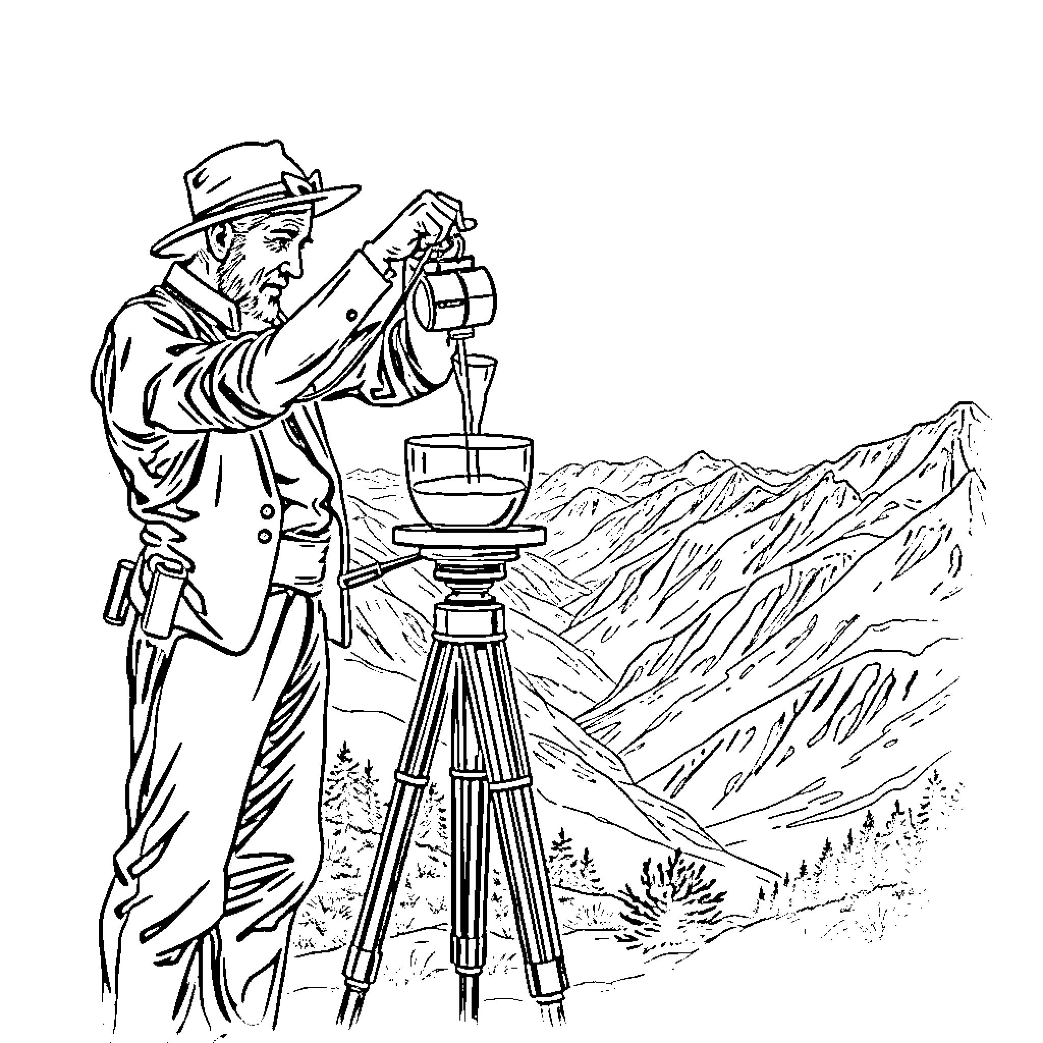 Photographer capturing scenic mountain landscape Coloring Page (free black-and-white line drawing printable PDF for all, from beginners to advanced learners, including children, teens, adults, and seniors)