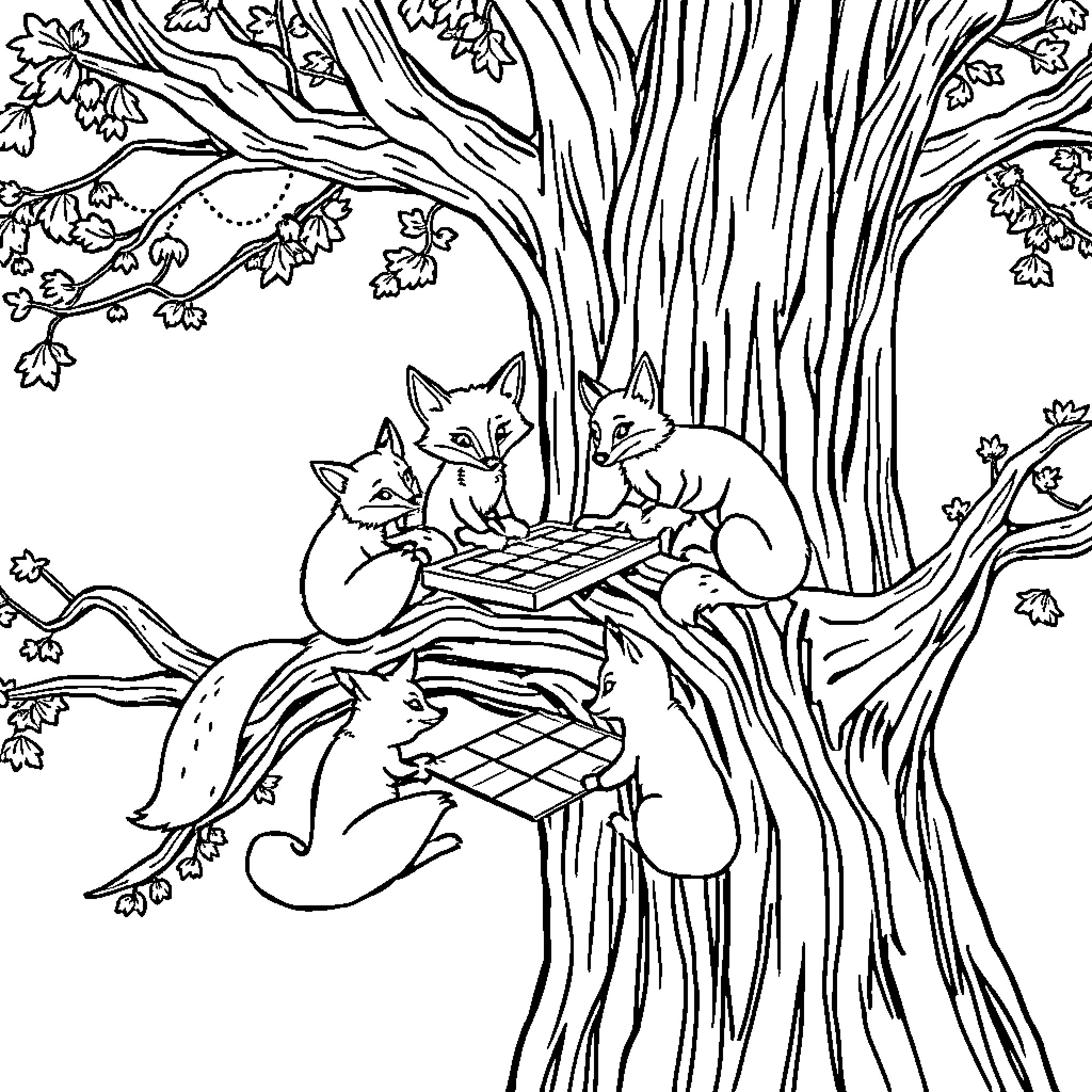 Fox family resting in their cozy tree hollow Coloring Page (free black-and-white line drawing printable PDF for all, from beginners to advanced learners, including children, teens, adults, and seniors)