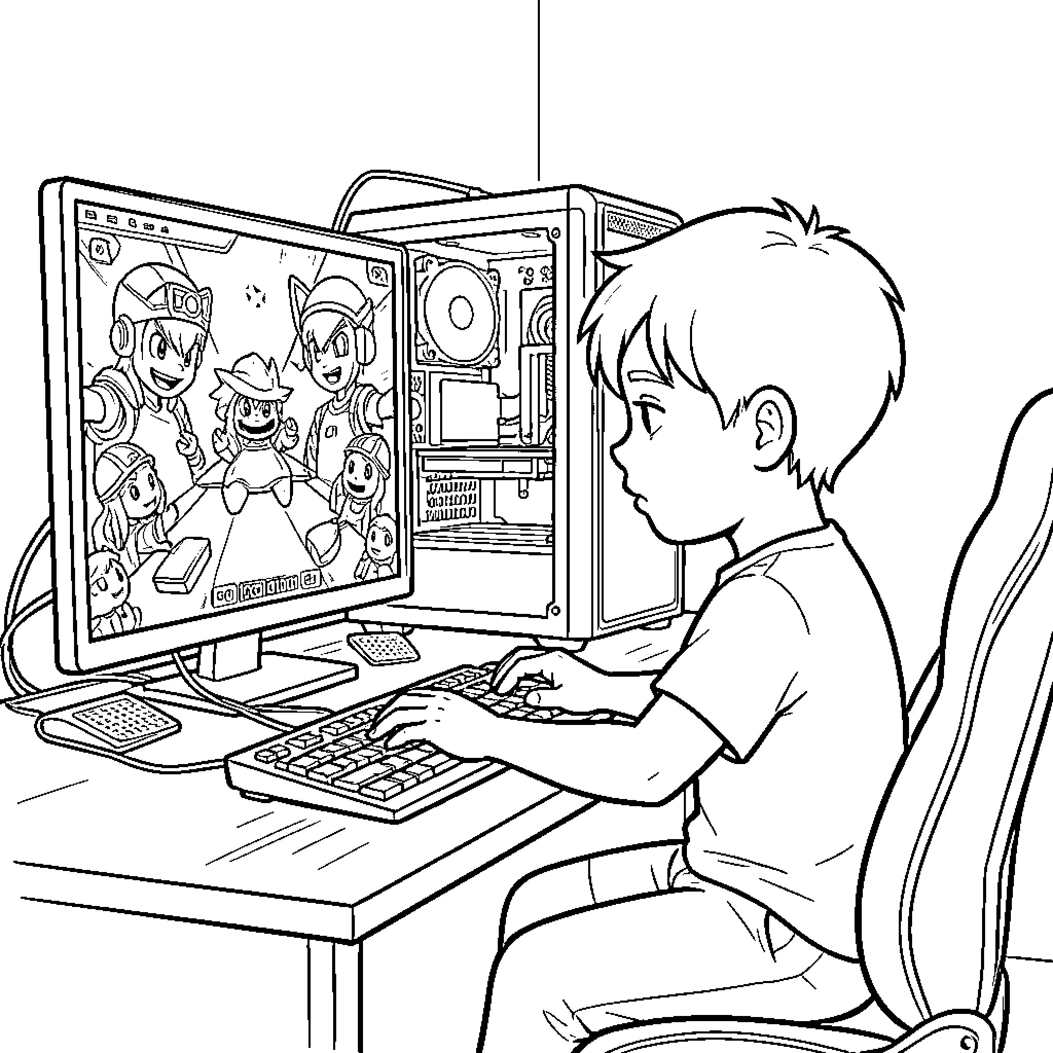 Boy playing interactive computer game Coloring Page (free black-and-white line drawing printable PDF for all, from beginners to advanced learners, including children, teens, adults, and seniors)