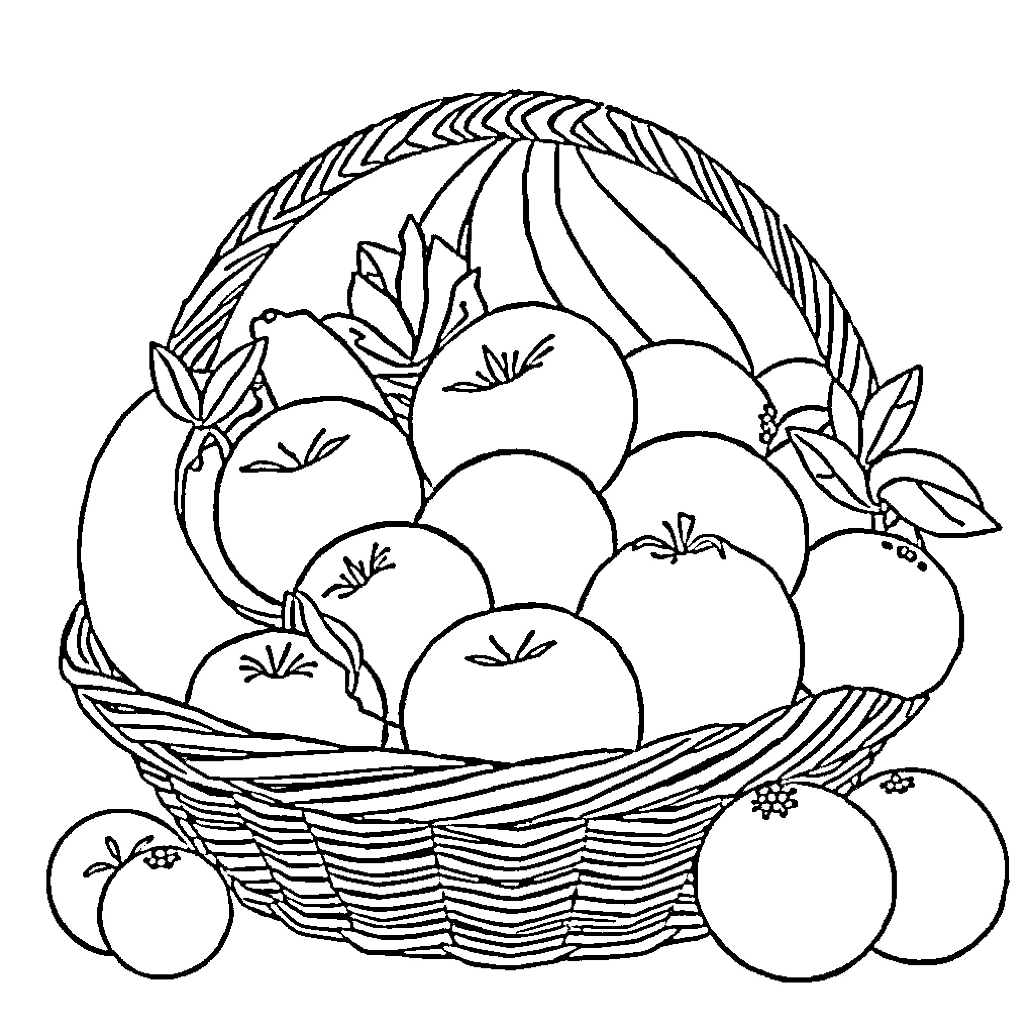 Fruit Basket with Assorted Produce Coloring Page (free black-and-white line drawing printable PDF for all, from beginners to advanced learners, including children, teens, adults, and seniors)
