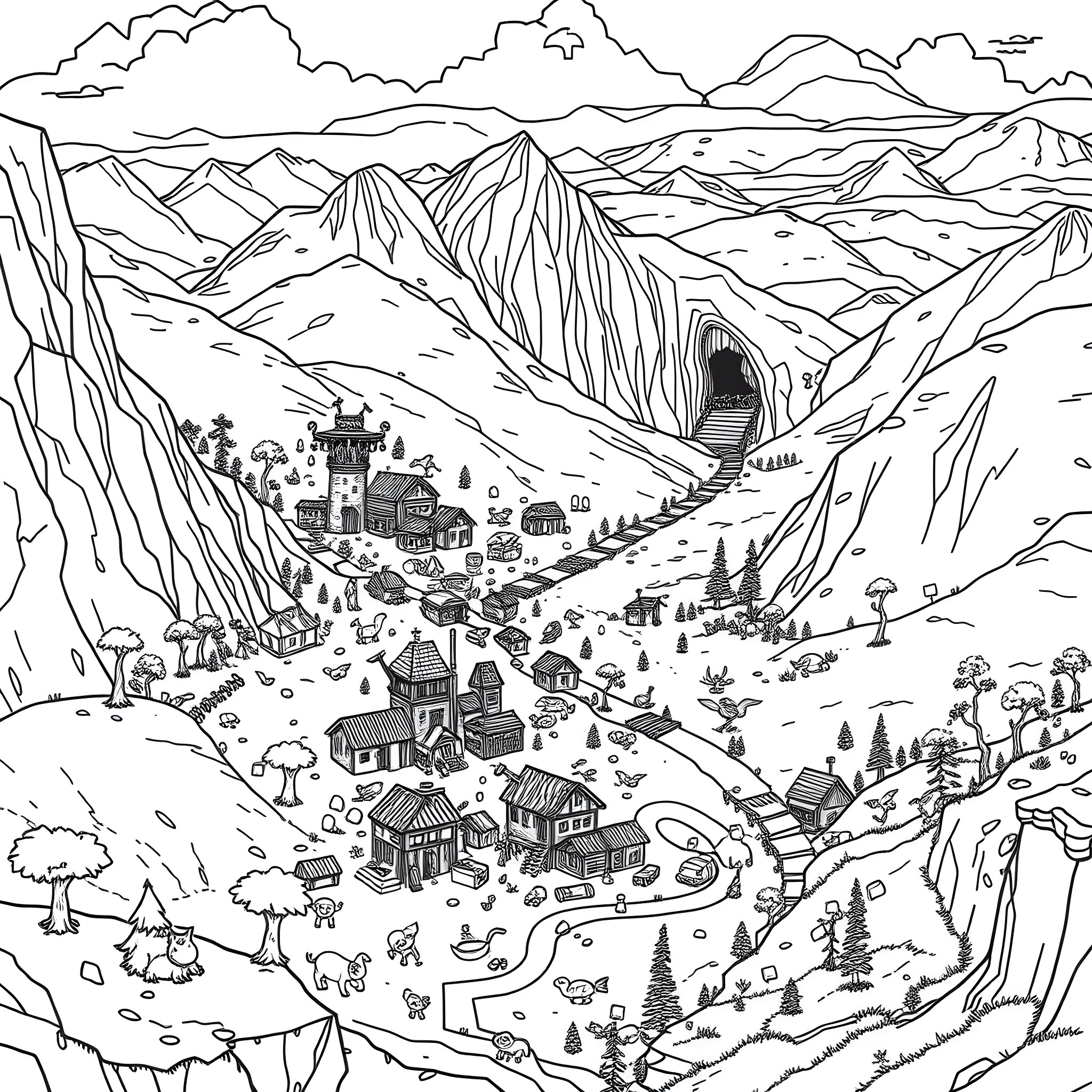 Minecraft Peaceful Village Nestled in Mountainous Landscape Coloring Page (free black-and-white line drawing printable PDF for all, from beginners to advanced learners, including children, teens, adults, and seniors)