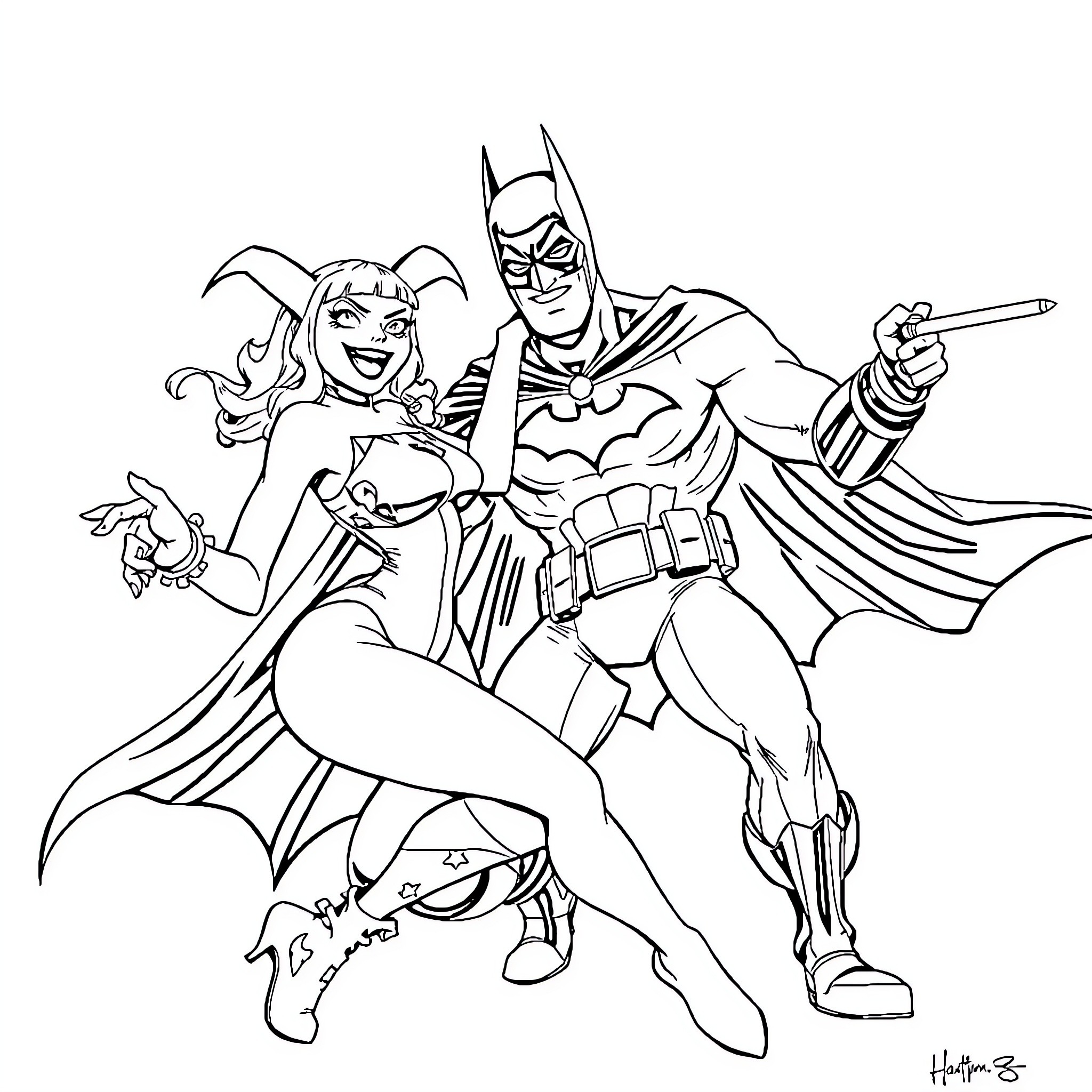 Harley Quinn and Batman in action Coloring Page (free black-and-white line drawing printable PDF for all, from beginners to advanced learners, including children, teens, adults, and seniors)