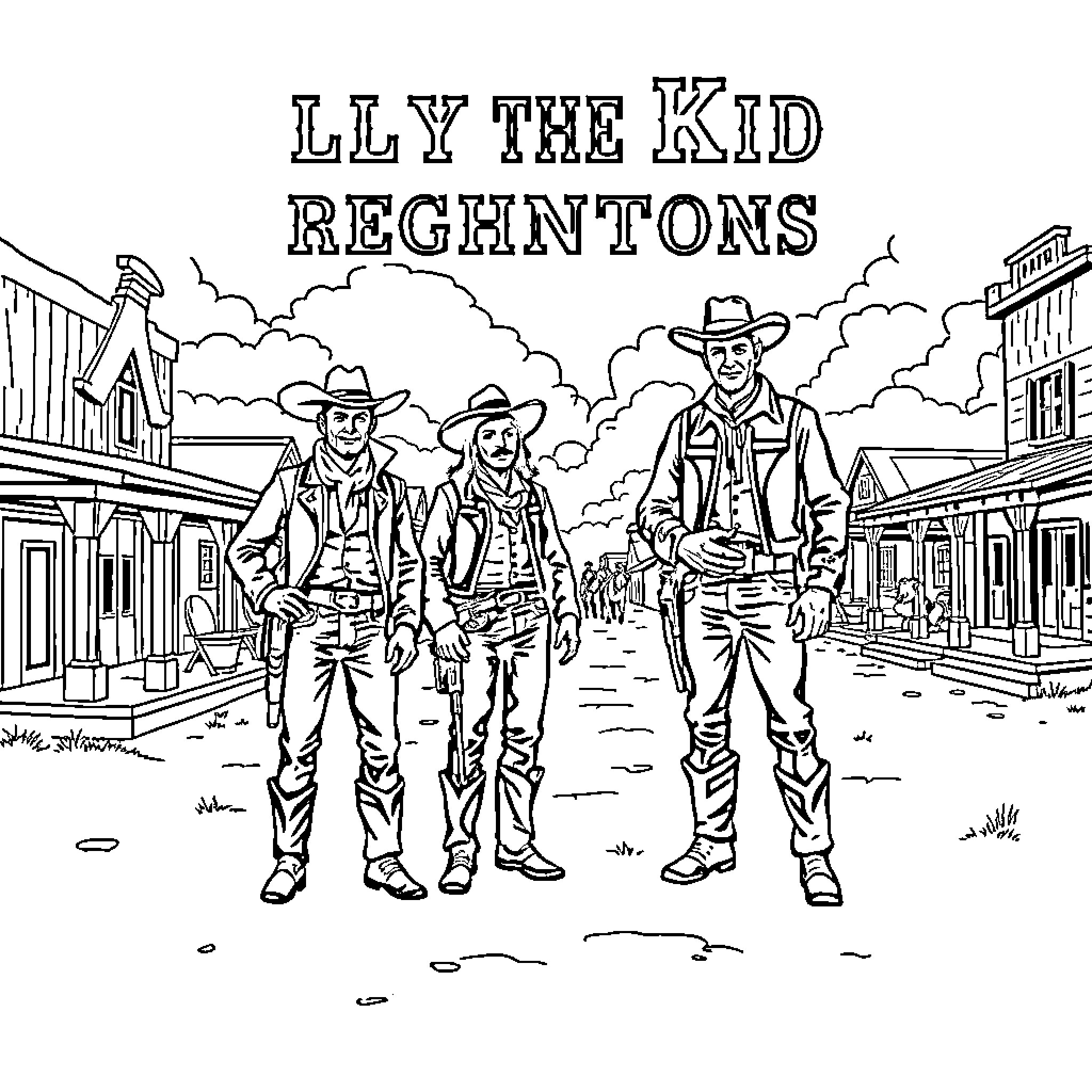 Billy the Kid Reghntons in Western Scene Coloring Page (free black-and-white line drawing printable PDF for all, from beginners to advanced learners, including children, teens, adults, and seniors)