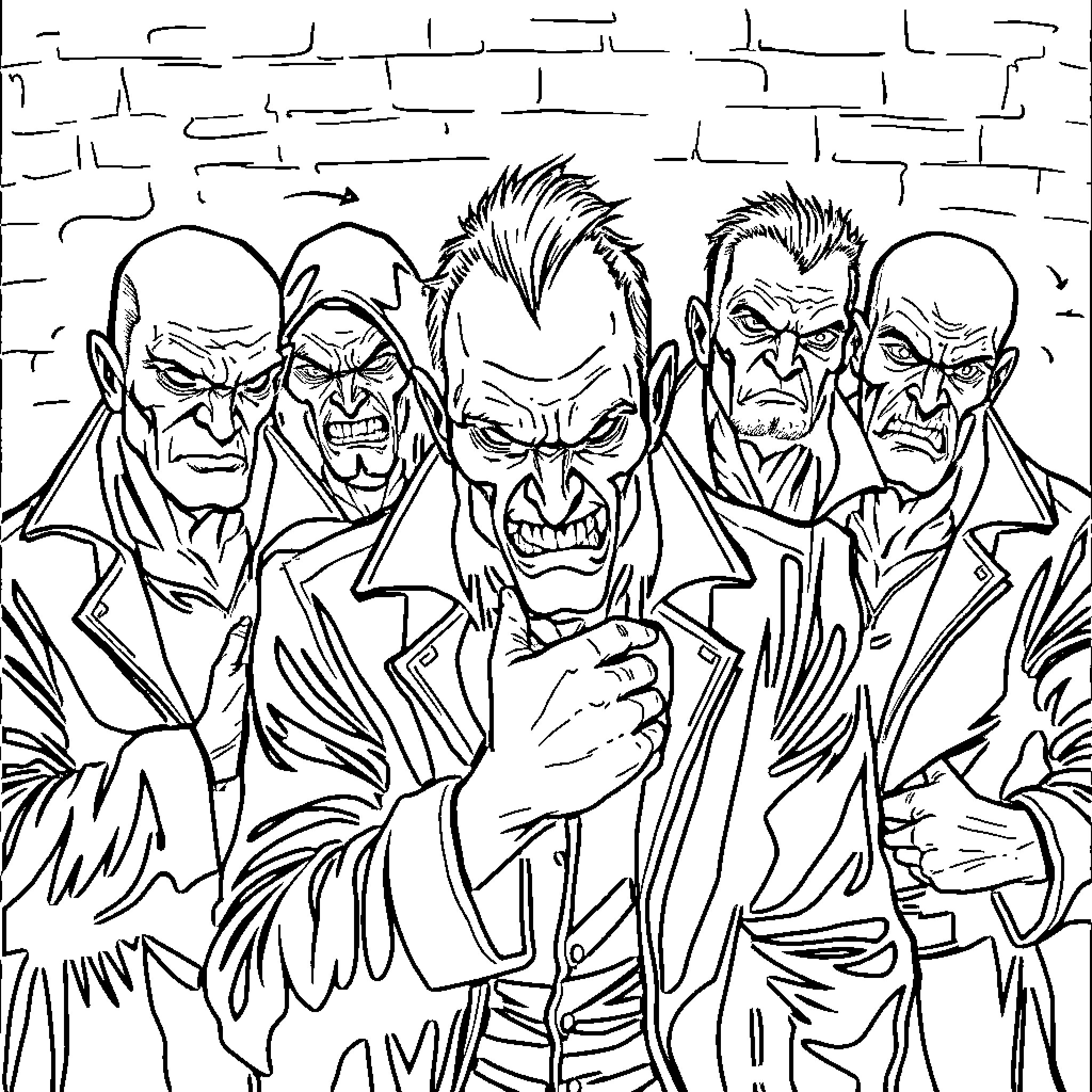 Villain Mob Threatening with Clenched Fists Coloring Page (free black-and-white line drawing printable PDF for all, from beginners to advanced learners, including children, teens, adults, and seniors)