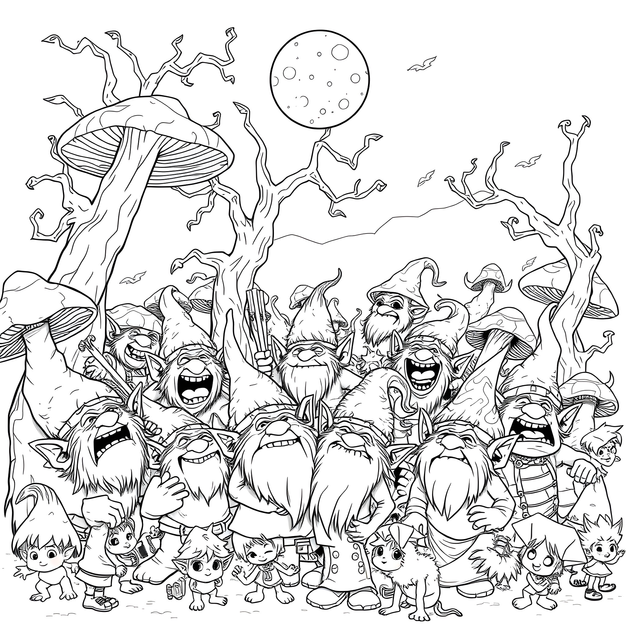 Troll gathering for a mischievous moonlit celebration Coloring Page (free black-and-white line drawing printable PDF for all, from beginners to advanced learners, including children, teens, adults, and seniors)