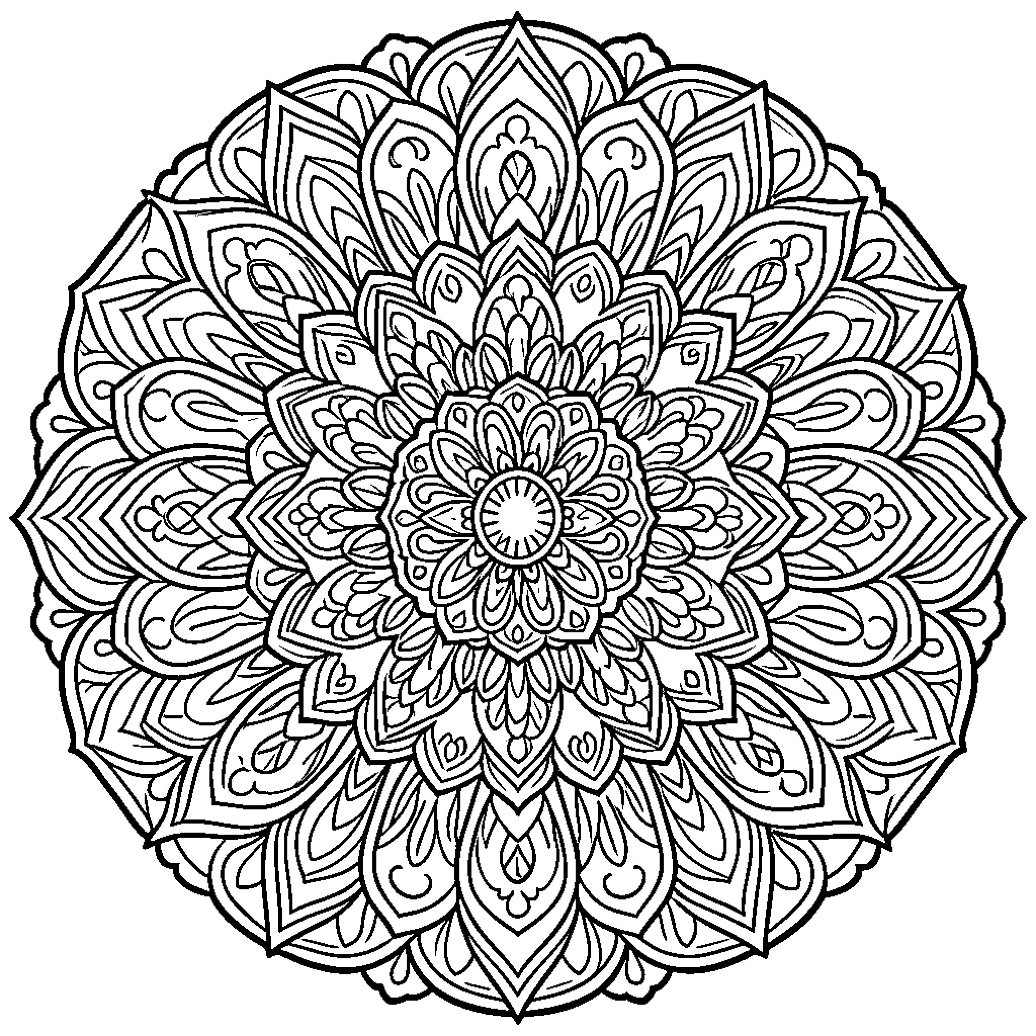 Mandala of intricate floral patterns and designs Coloring Page (free black-and-white line drawing printable PDF for all, from beginners to advanced learners, including children, teens, adults, and seniors)