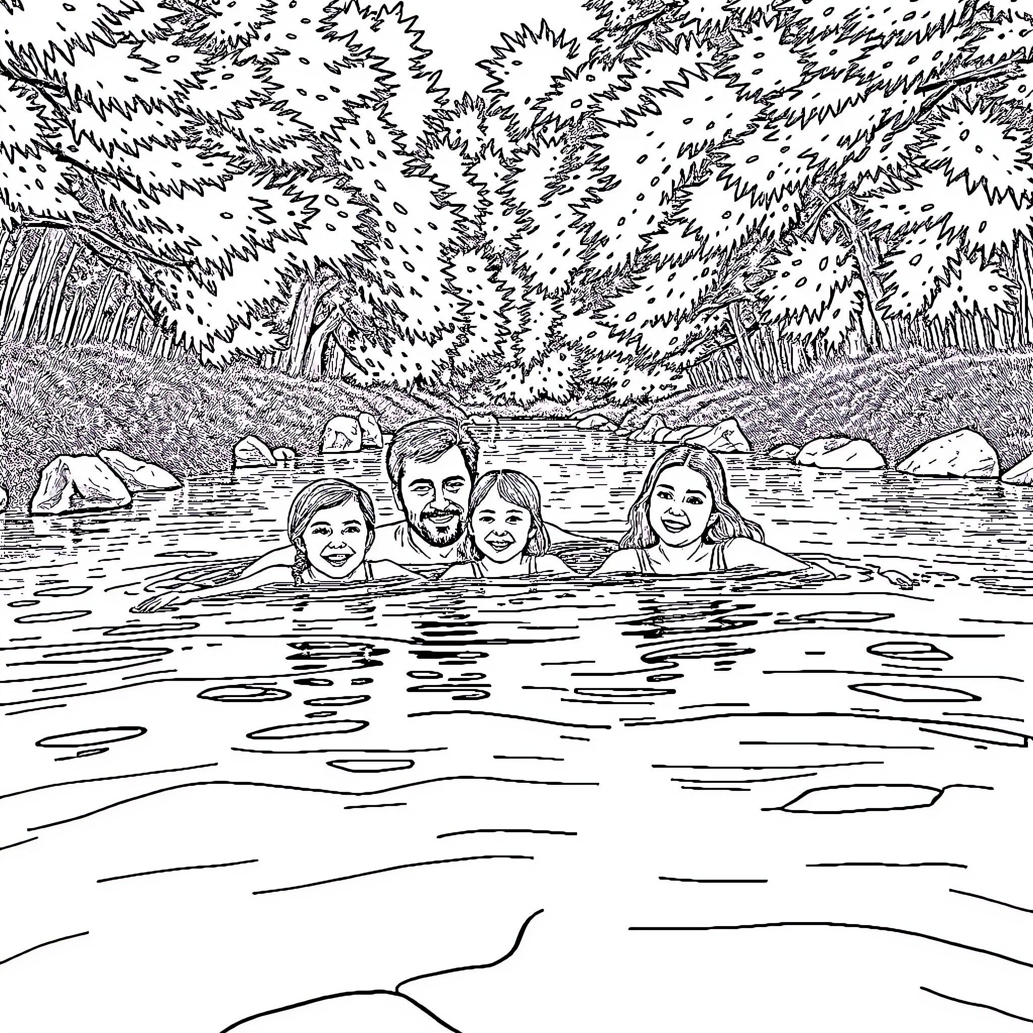 Family swimming in the serene lake Coloring Page (free black-and-white line drawing printable PDF for all, from beginners to advanced learners, including children, teens, adults, and seniors)