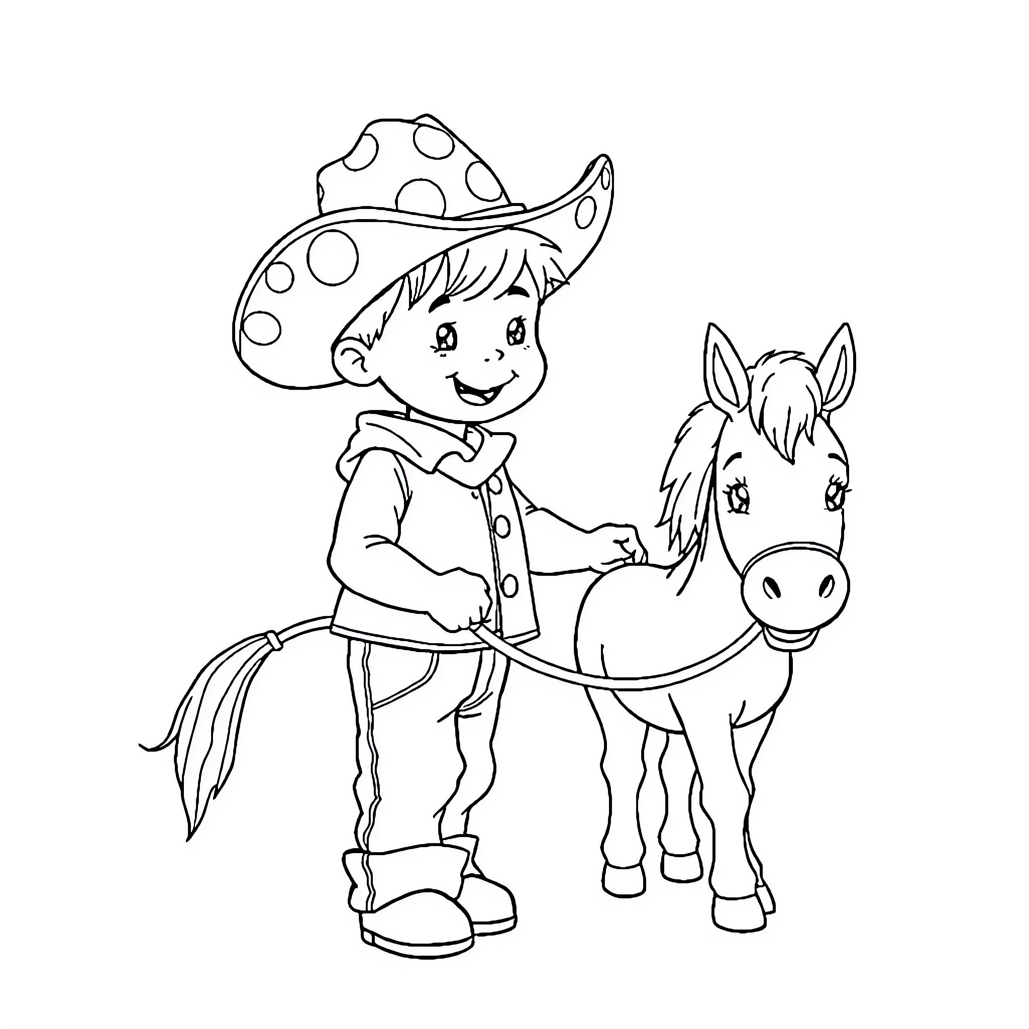 Toddler cowboy riding a pony Coloring Page (free black-and-white line drawing printable PDF for all, from beginners to advanced learners, including children, teens, adults, and seniors)