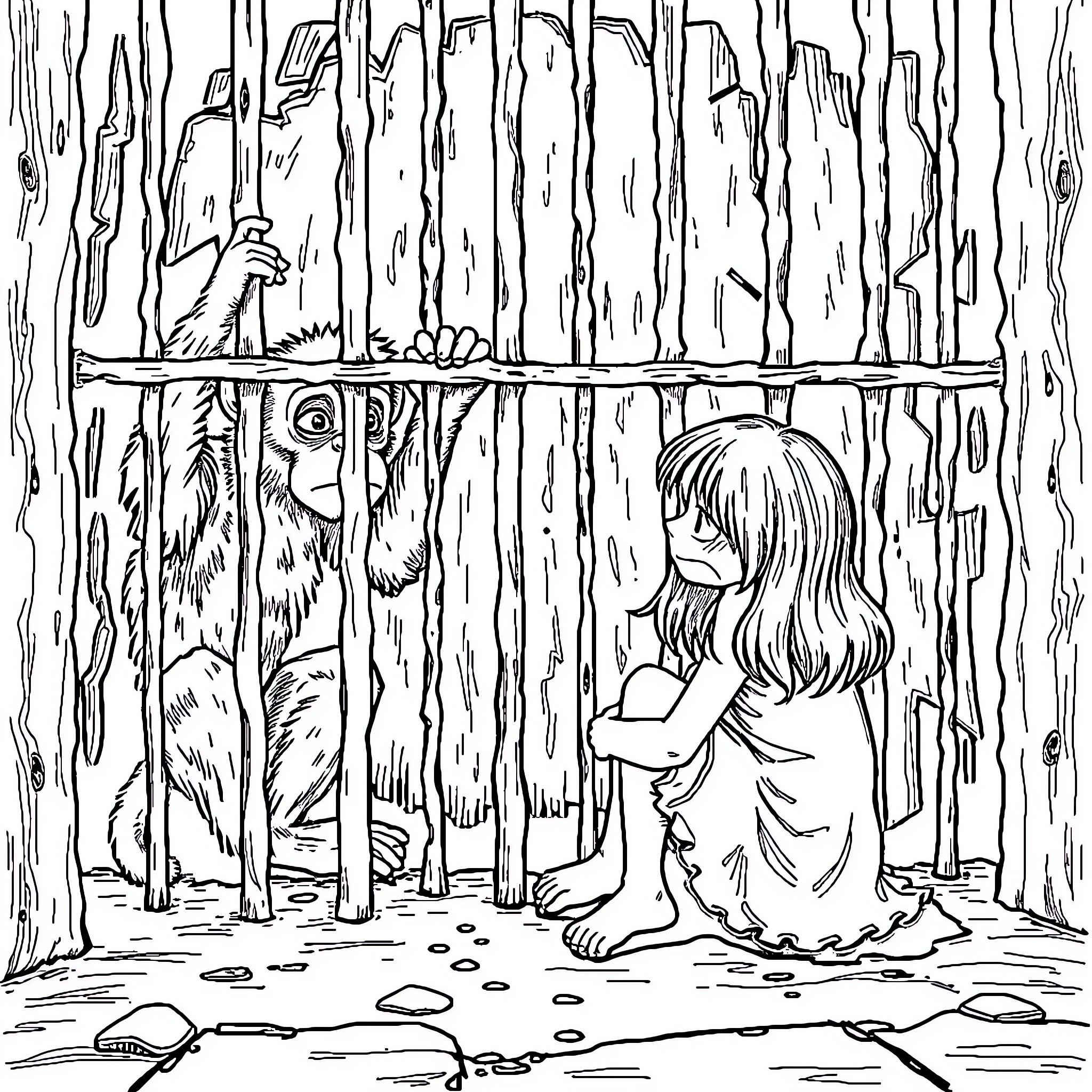 Girl Visiting Caged Animal in Forest Coloring Page (free black-and-white line drawing printable PDF for all, from beginners to advanced learners, including children, teens, adults, and seniors)