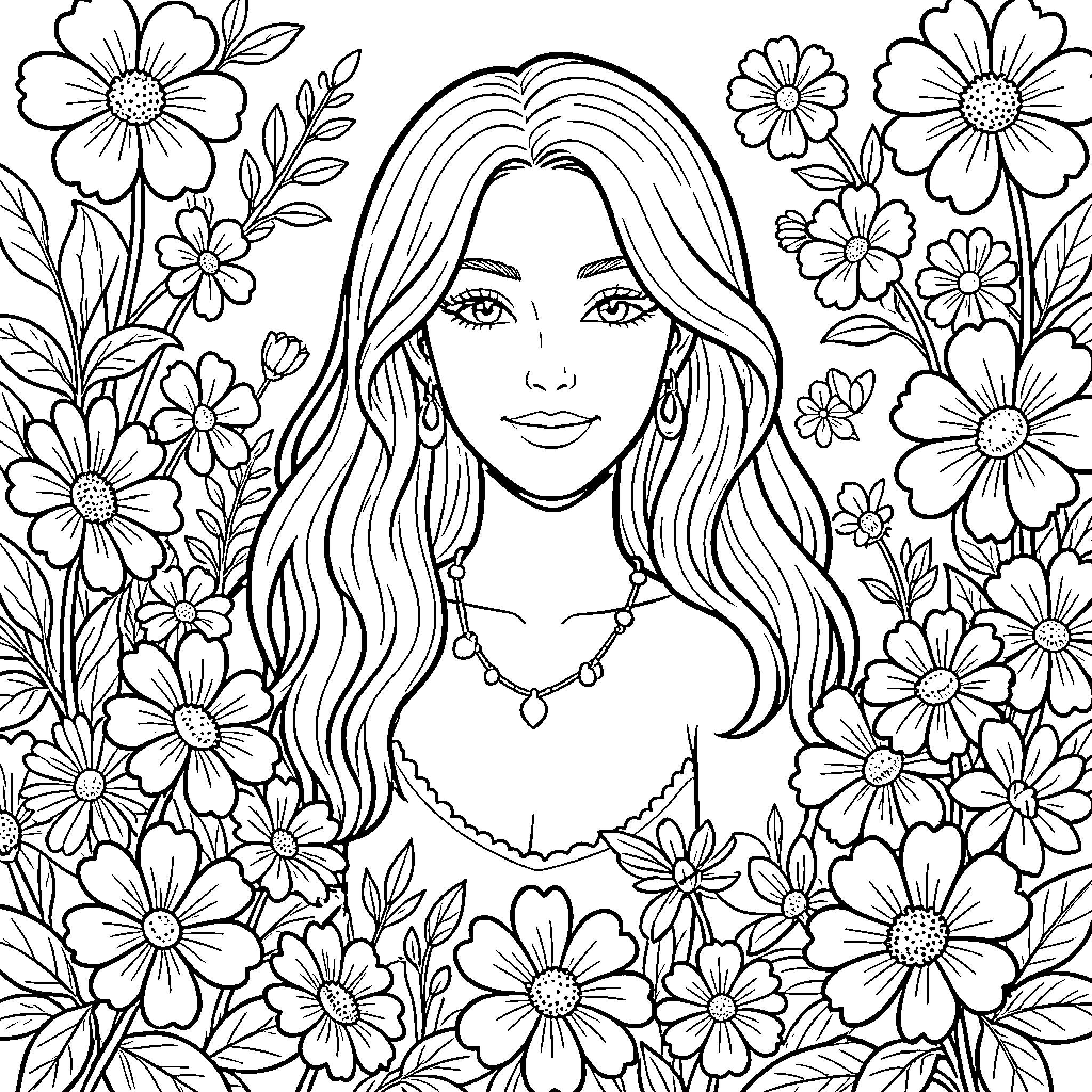 Beauty smiling amidst a lush field of flowers Coloring Page (free black-and-white line drawing printable PDF for all, from beginners to advanced learners, including children, teens, adults, and seniors)