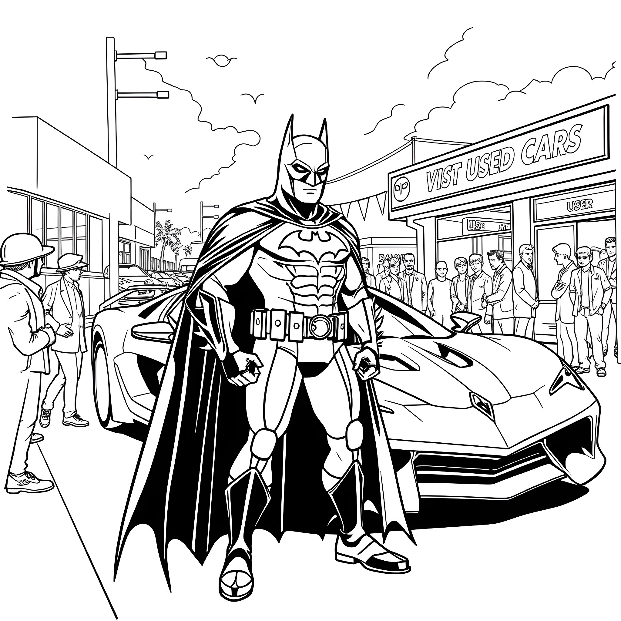 Batman Stands Heroically in Busy City Street Coloring Page (free black-and-white line drawing printable PDF for all, from beginners to advanced learners, including children, teens, adults, and seniors)