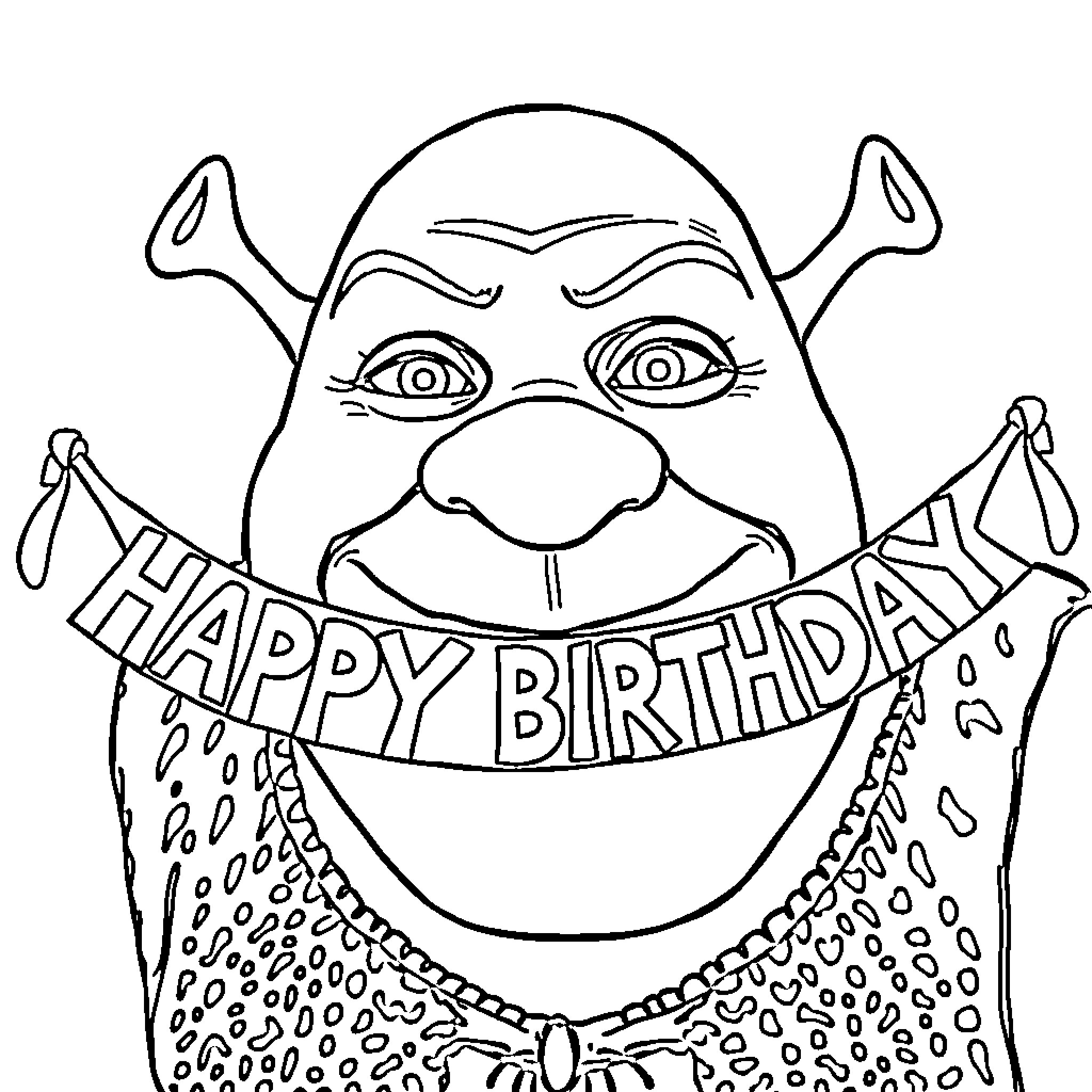 Shrek celebrating a happy birthday Coloring Page (free black-and-white line drawing printable PDF for all, from beginners to advanced learners, including children, teens, adults, and seniors)