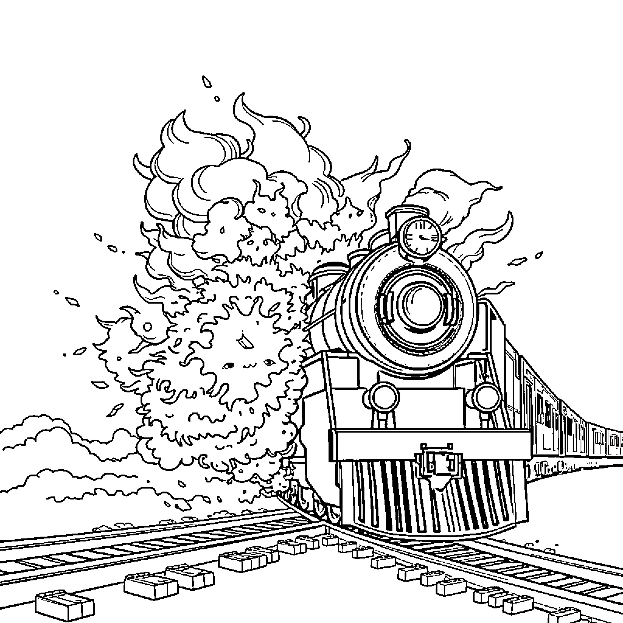 Train speeding through the countryside Coloring Page (free black-and-white line drawing printable PDF for all, from beginners to advanced learners, including children, teens, adults, and seniors)