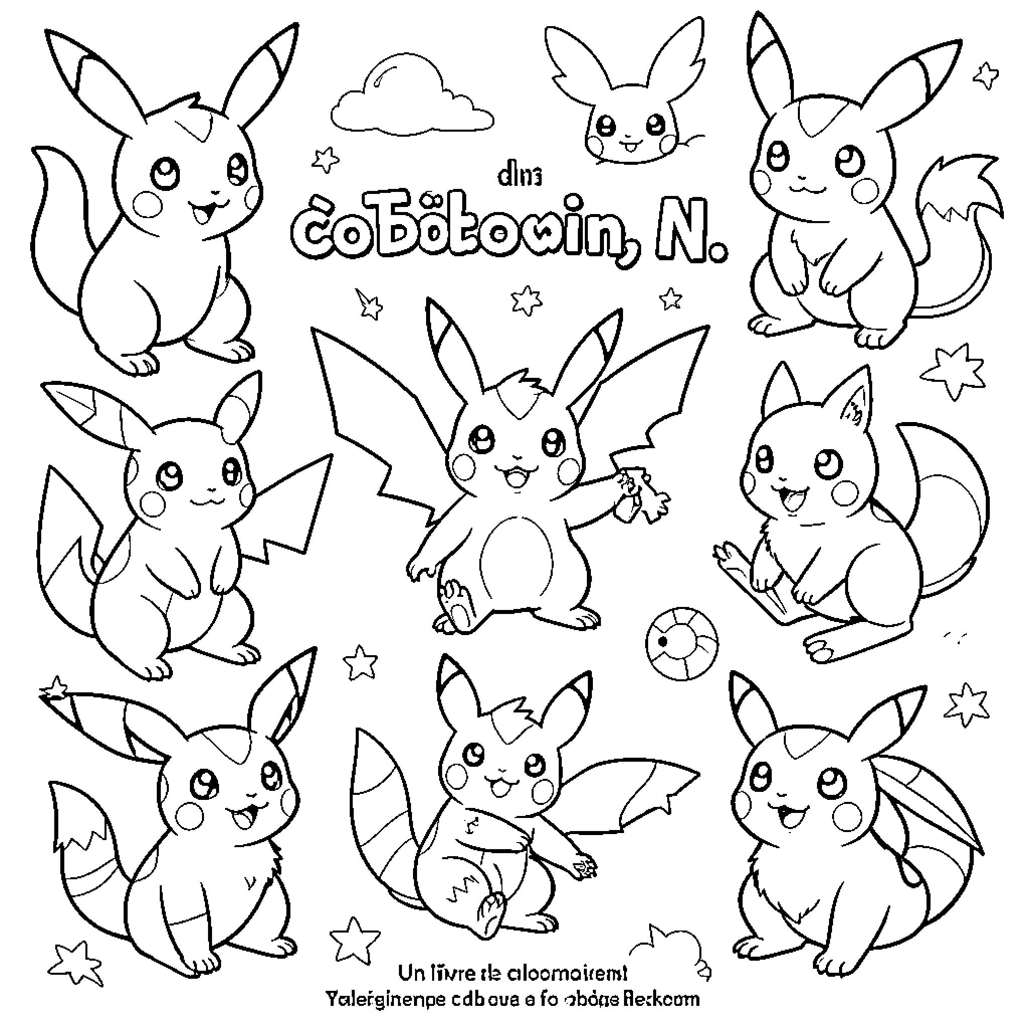 Pokémon characters posing in various playful expressions Coloring Page (free black-and-white line drawing printable PDF for all, from beginners to advanced learners, including children, teens, adults, and seniors)