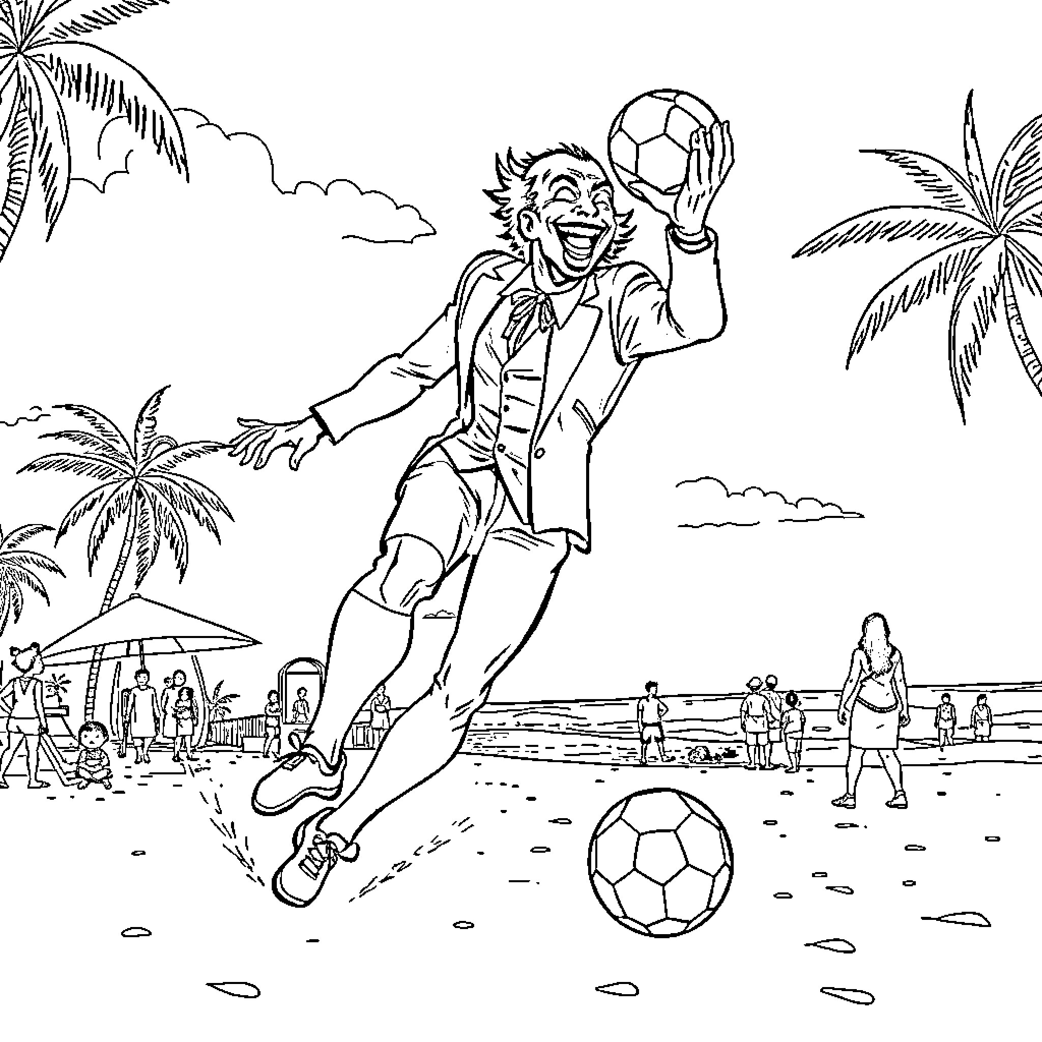 Joker Playing Soccer on the Beach Coloring Page (free black-and-white line drawing printable PDF for all, from beginners to advanced learners, including children, teens, adults, and seniors)