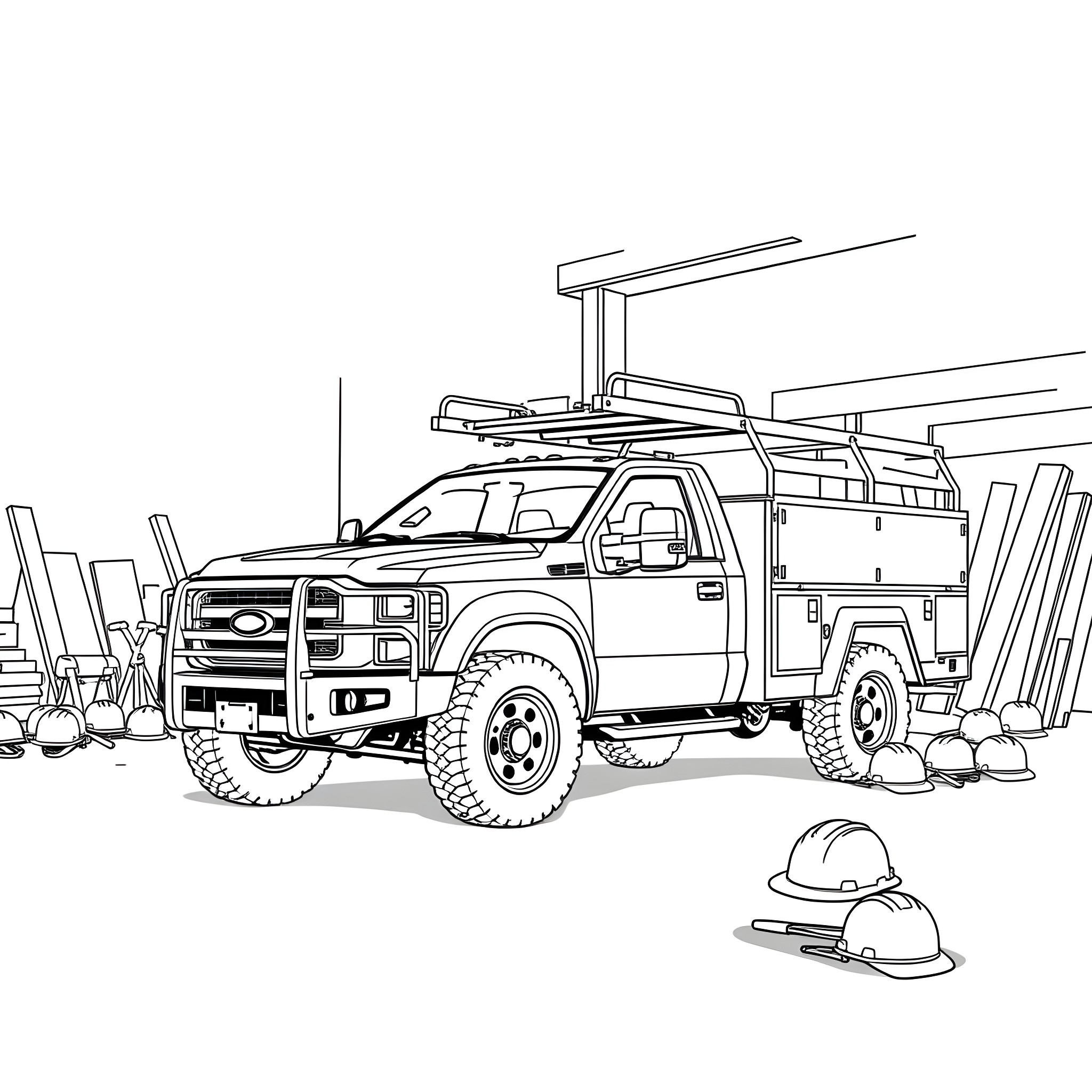 Truck carrying tools and equipment on a construction site Coloring Page (free black-and-white line drawing printable PDF for all, from beginners to advanced learners, including children, teens, adults, and seniors)