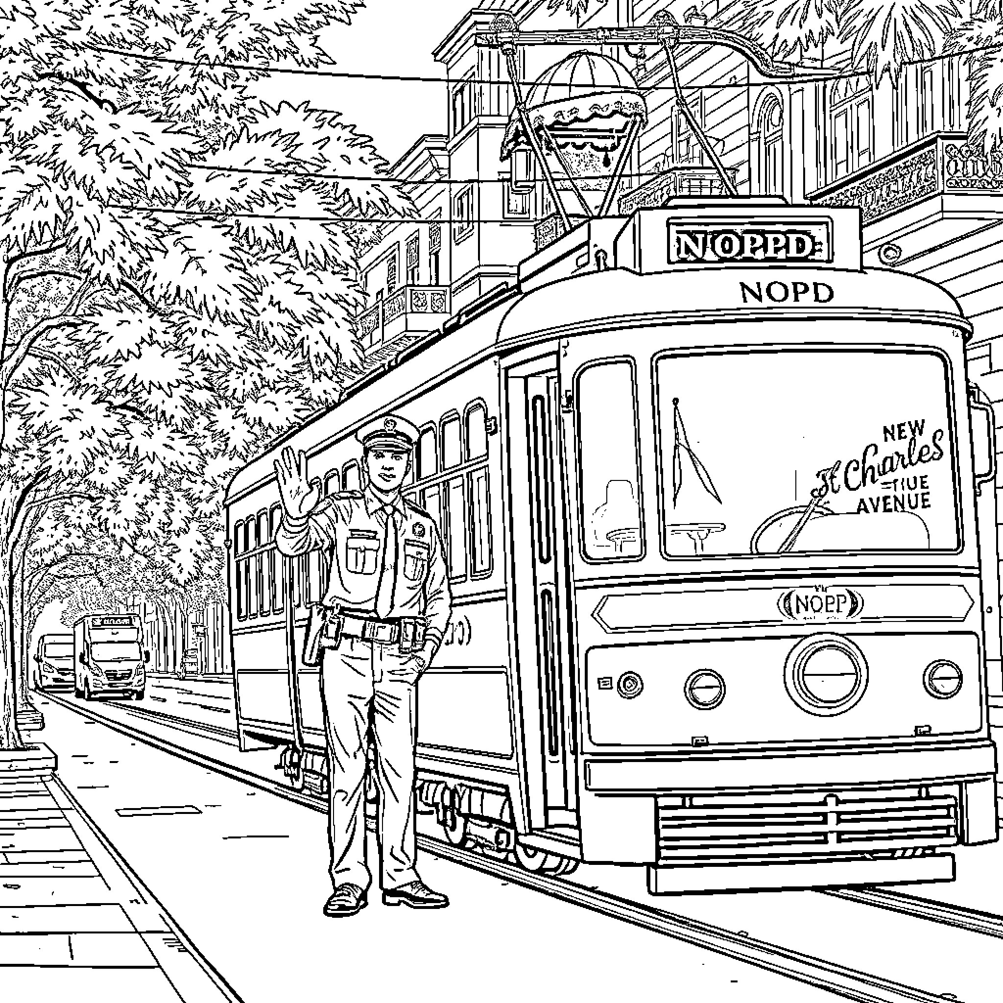 Police Officer patrolling a city street with a trolley Coloring Page (free black-and-white line drawing printable PDF for all, from beginners to advanced learners, including children, teens, adults, and seniors)
