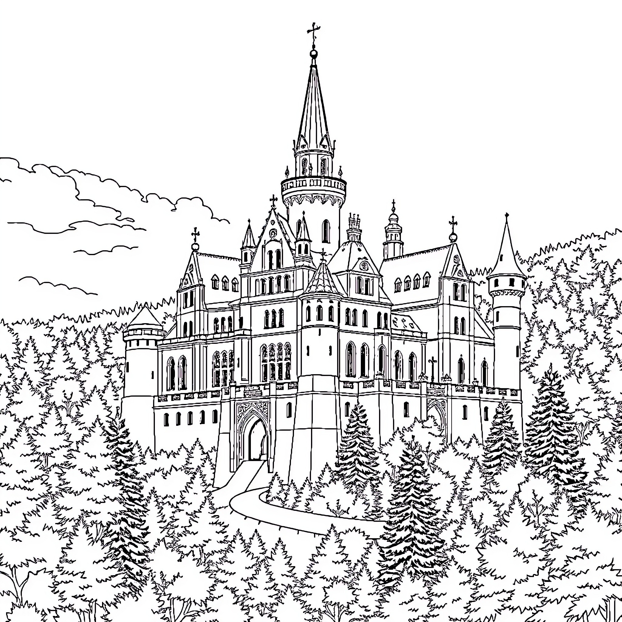 Château of a Majestic Castle in the Forest Coloring Page (free black-and-white line drawing printable PDF for all, from beginners to advanced learners, including children, teens, adults, and seniors)