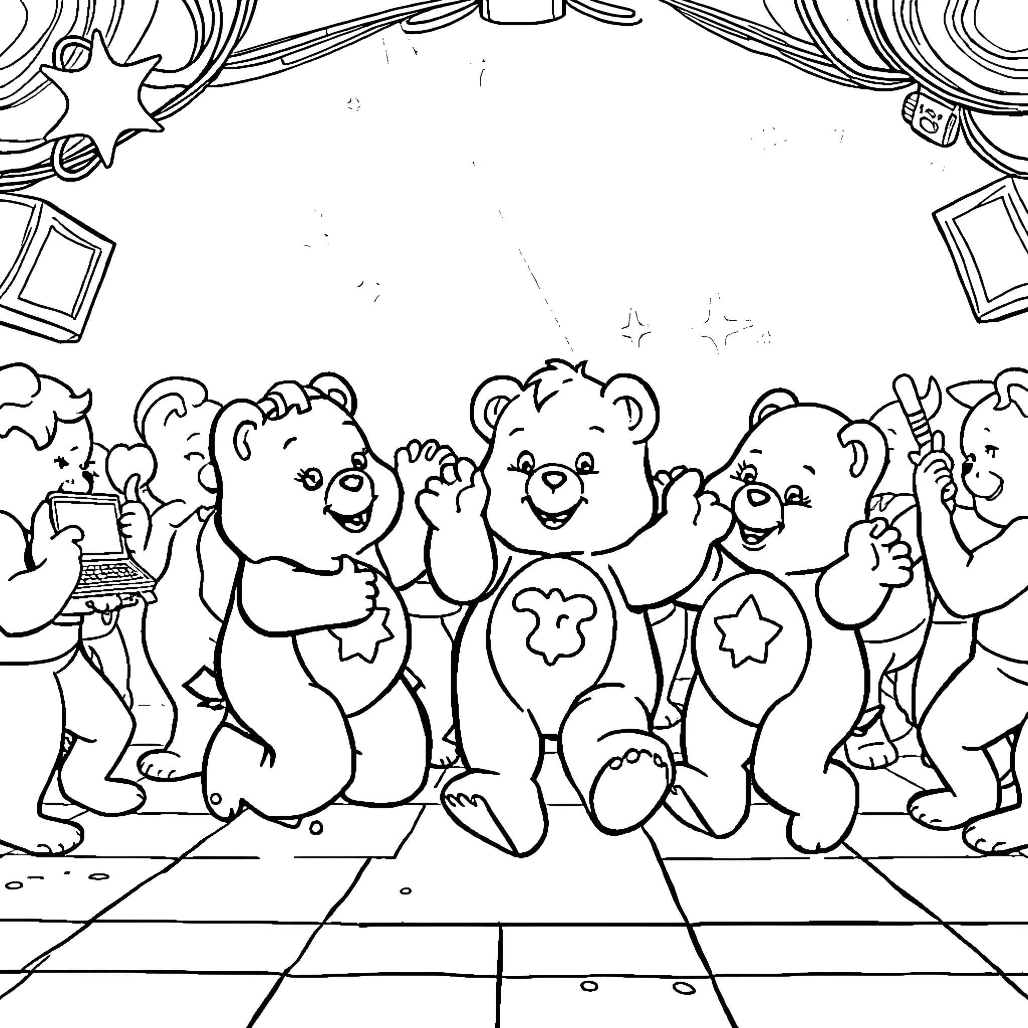 Carebear Crew Enjoying Playful Celebration Coloring Page (free black-and-white line drawing printable PDF for all, from beginners to advanced learners, including children, teens, adults, and seniors)