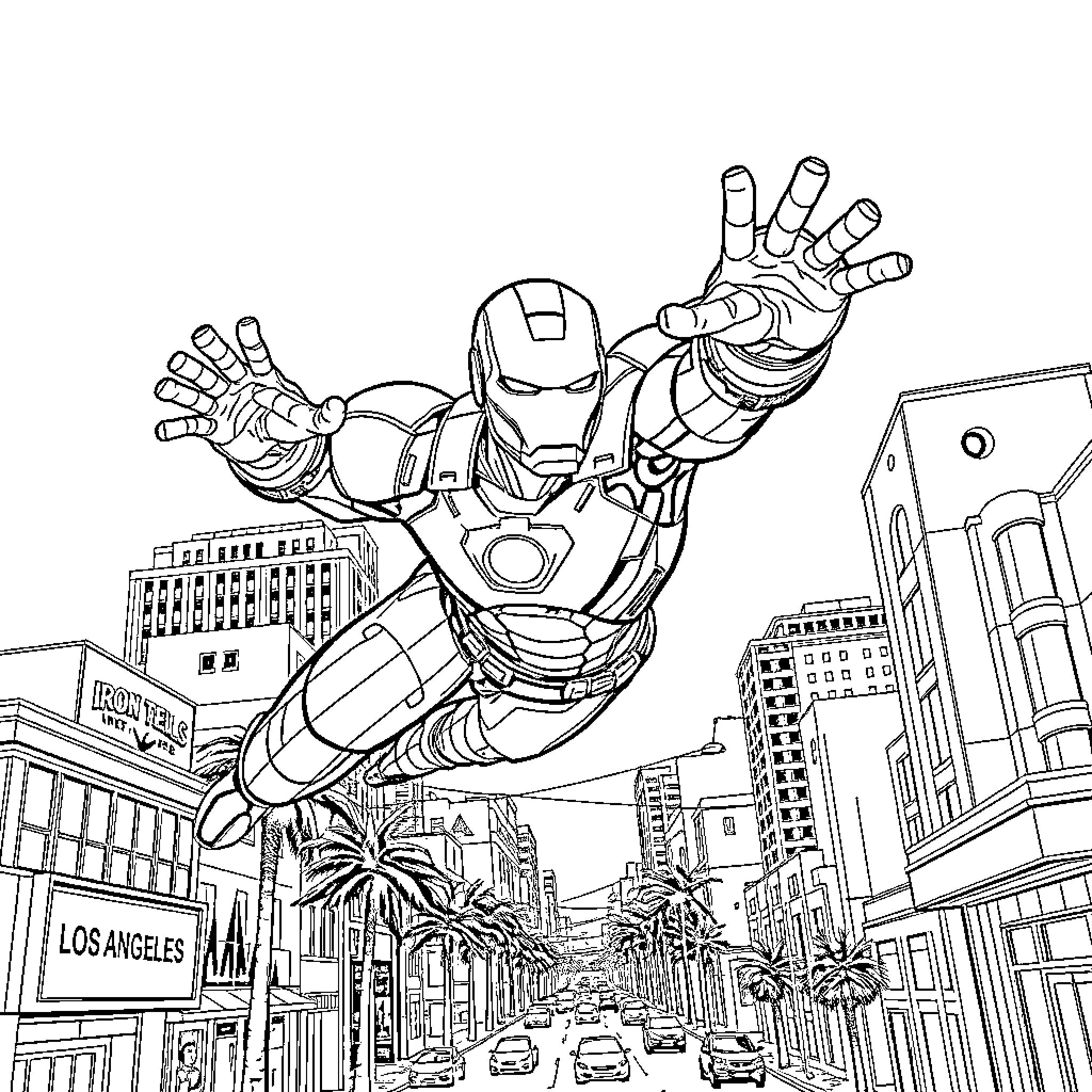 Ironman soaring through the city skyline Coloring Page (free black-and-white line drawing printable PDF for all, from beginners to advanced learners, including children, teens, adults, and seniors)