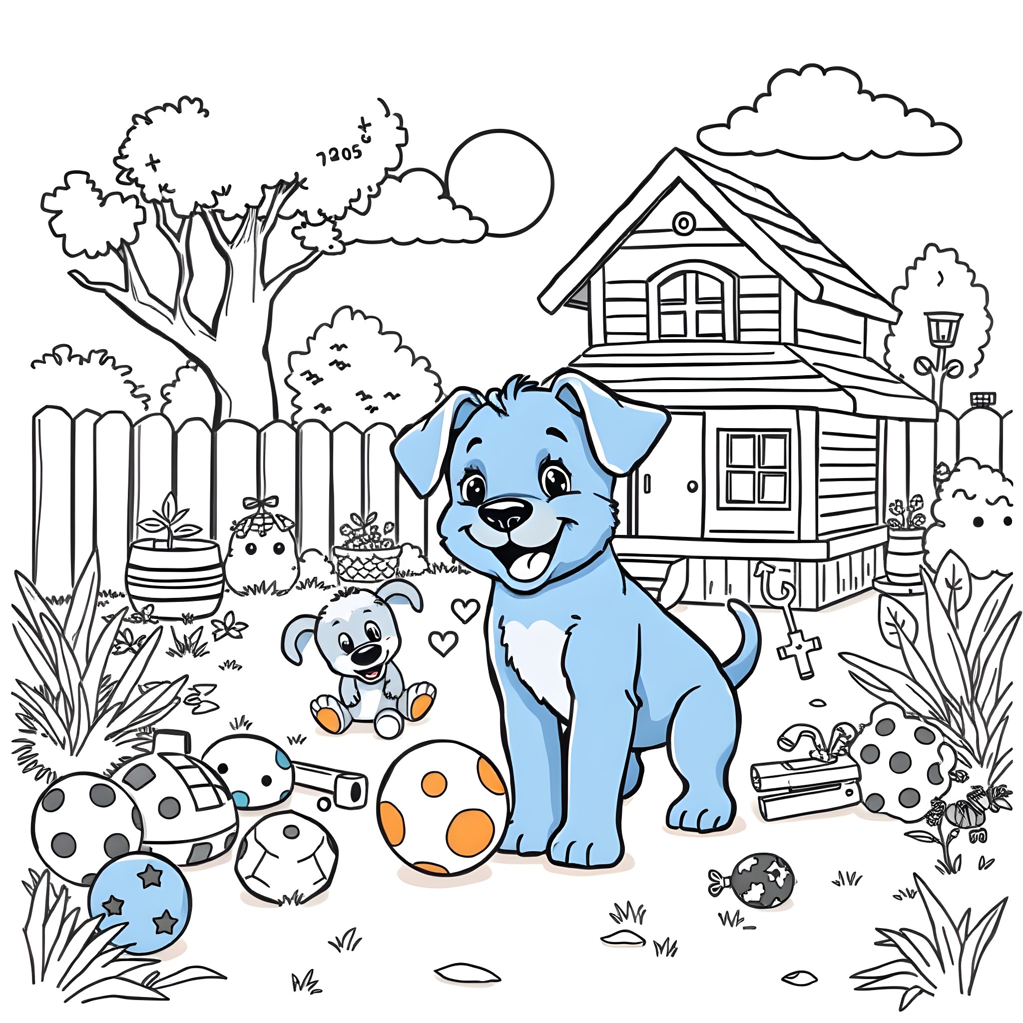Bluey and Friends in a Charming Backyard Playground Coloring Page (free black-and-white line drawing printable PDF for all, from beginners to advanced learners, including children, teens, adults, and seniors)