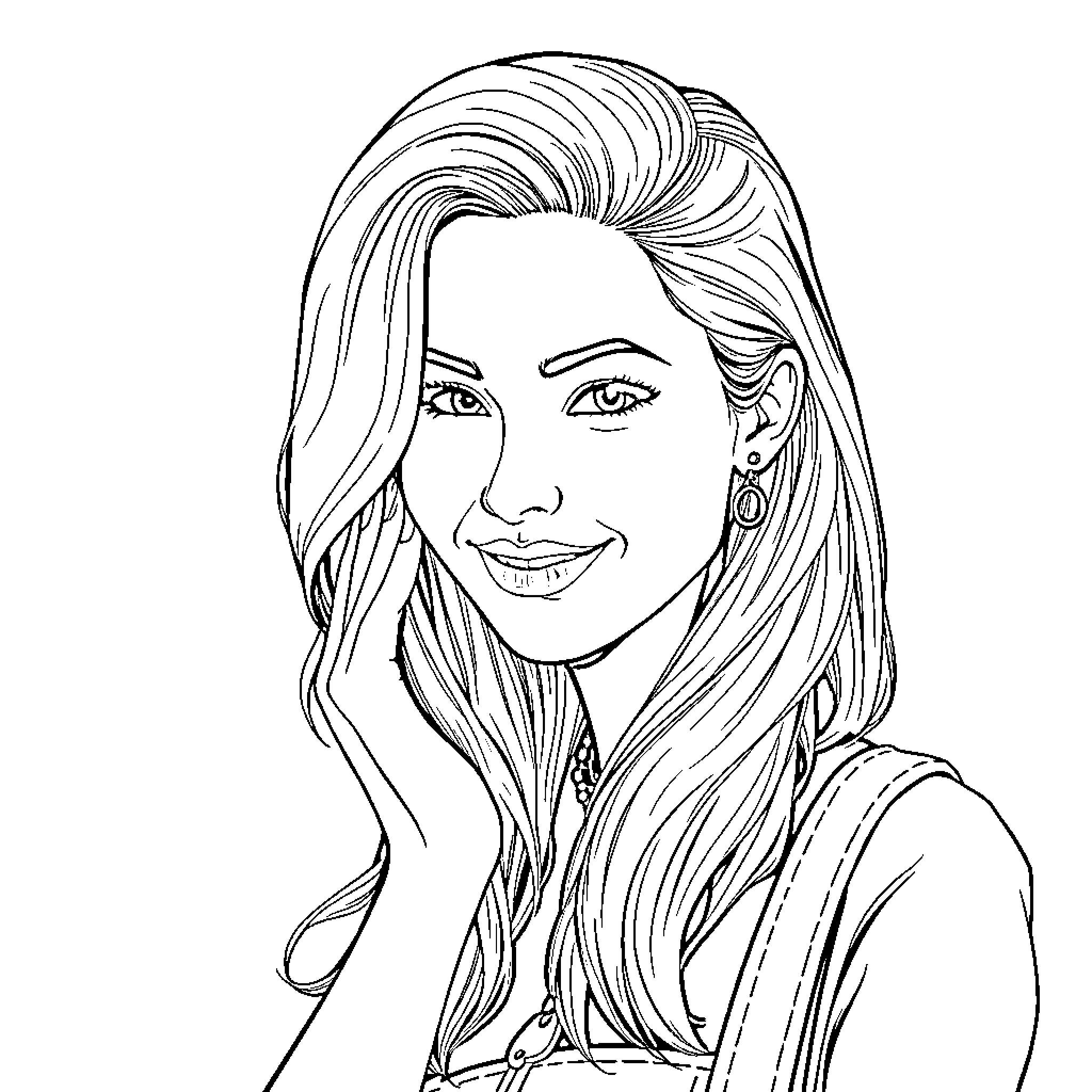 Artist's Stylized Portrait of Smiling Woman Coloring Page (free black-and-white line drawing printable PDF for all, from beginners to advanced learners, including children, teens, adults, and seniors)