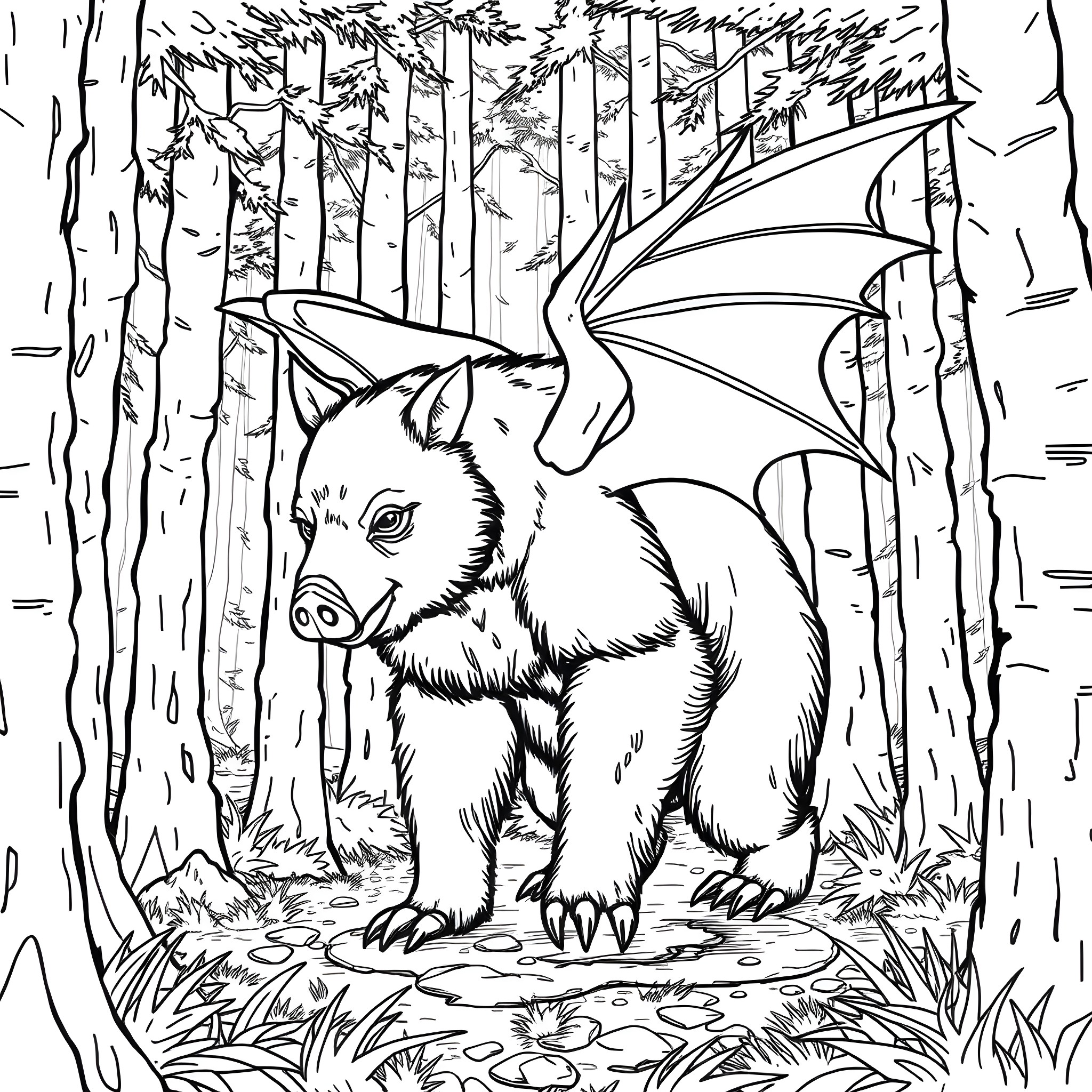 Manbearpig exploring the enchanted forest Coloring Page (free black-and-white line drawing printable PDF for all, from beginners to advanced learners, including children, teens, adults, and seniors)