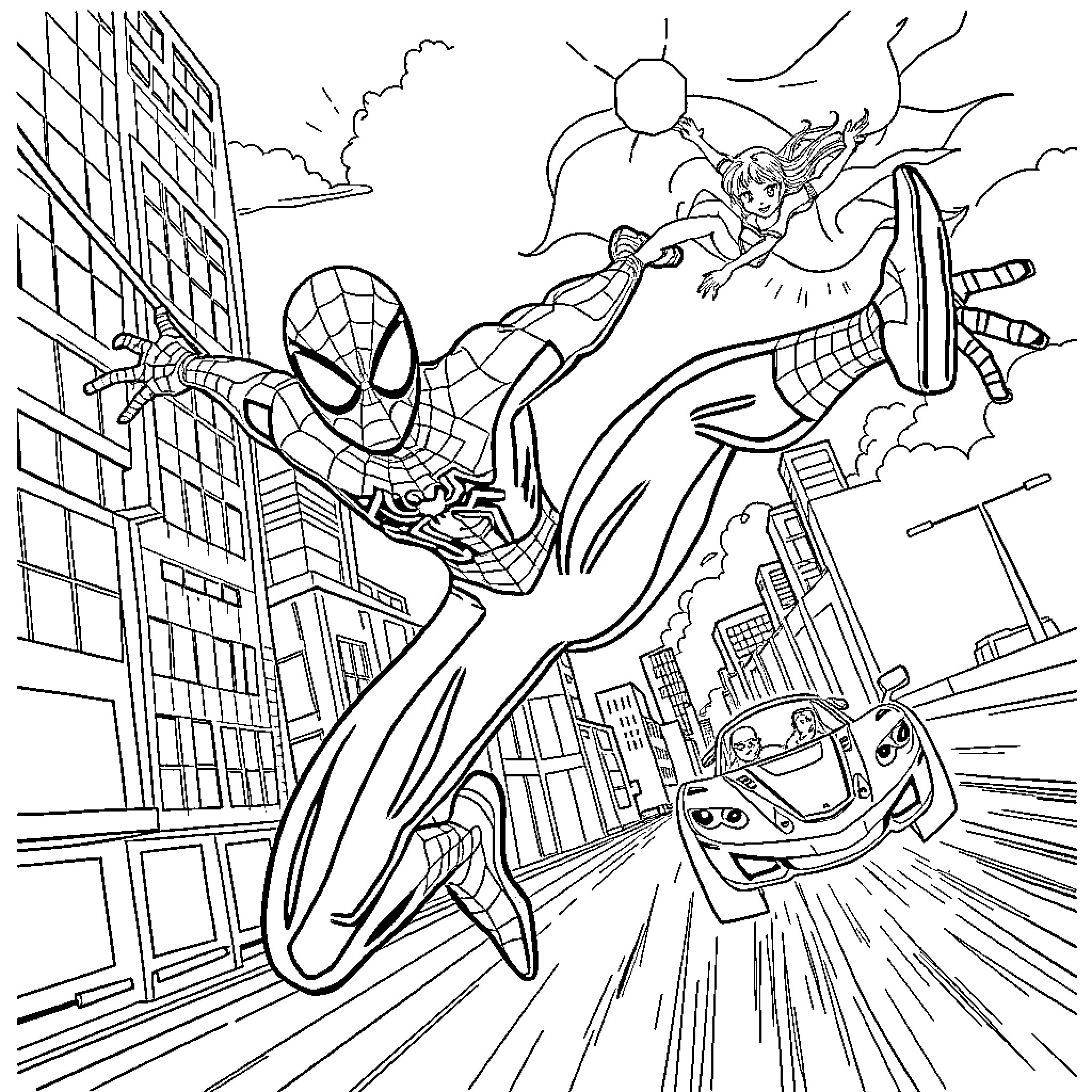 Spiderman swinging through the city skyline Coloring Page (free black-and-white line drawing printable PDF for all, from beginners to advanced learners, including children, teens, adults, and seniors)