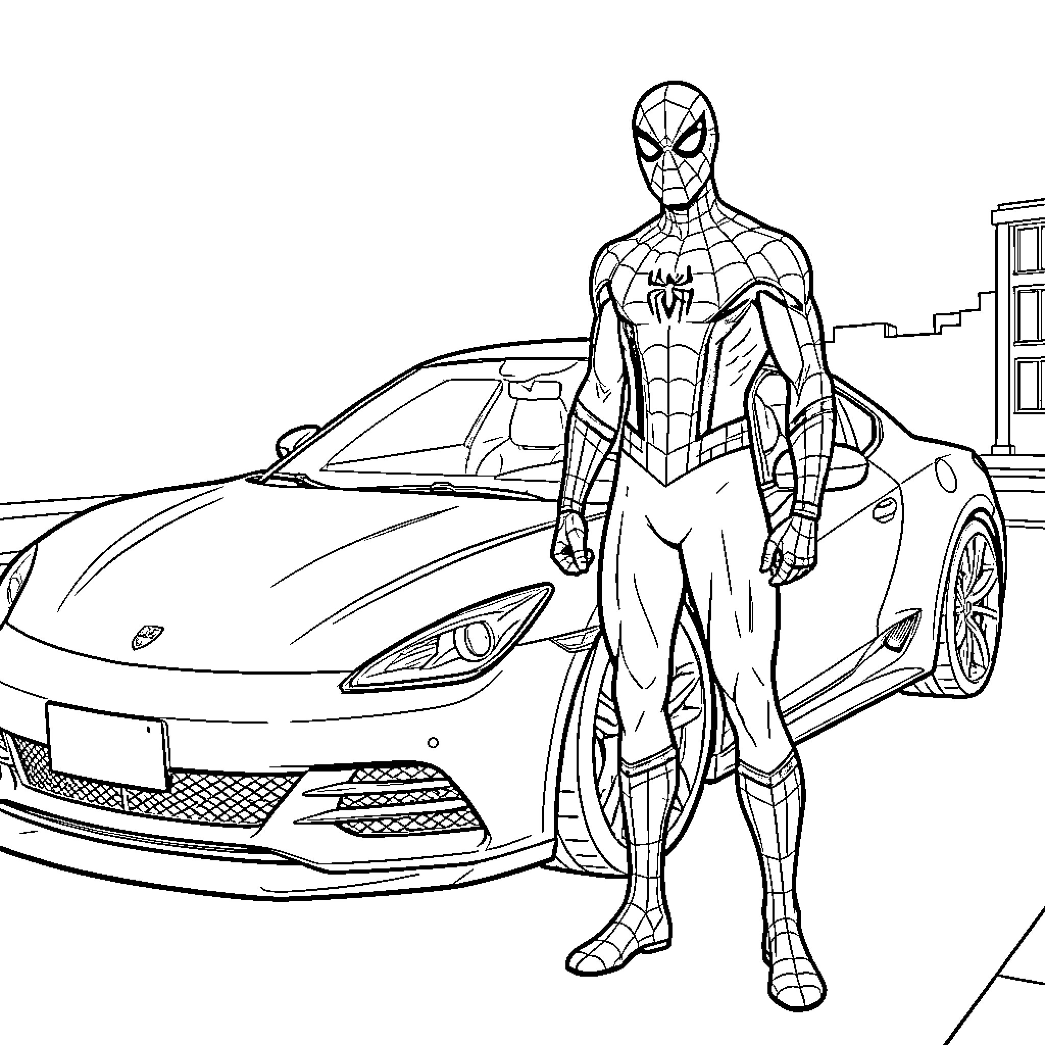 Spiderman standing heroically next to a sports car Coloring Page (free black-and-white line drawing printable PDF for all, from beginners to advanced learners, including children, teens, adults, and seniors)