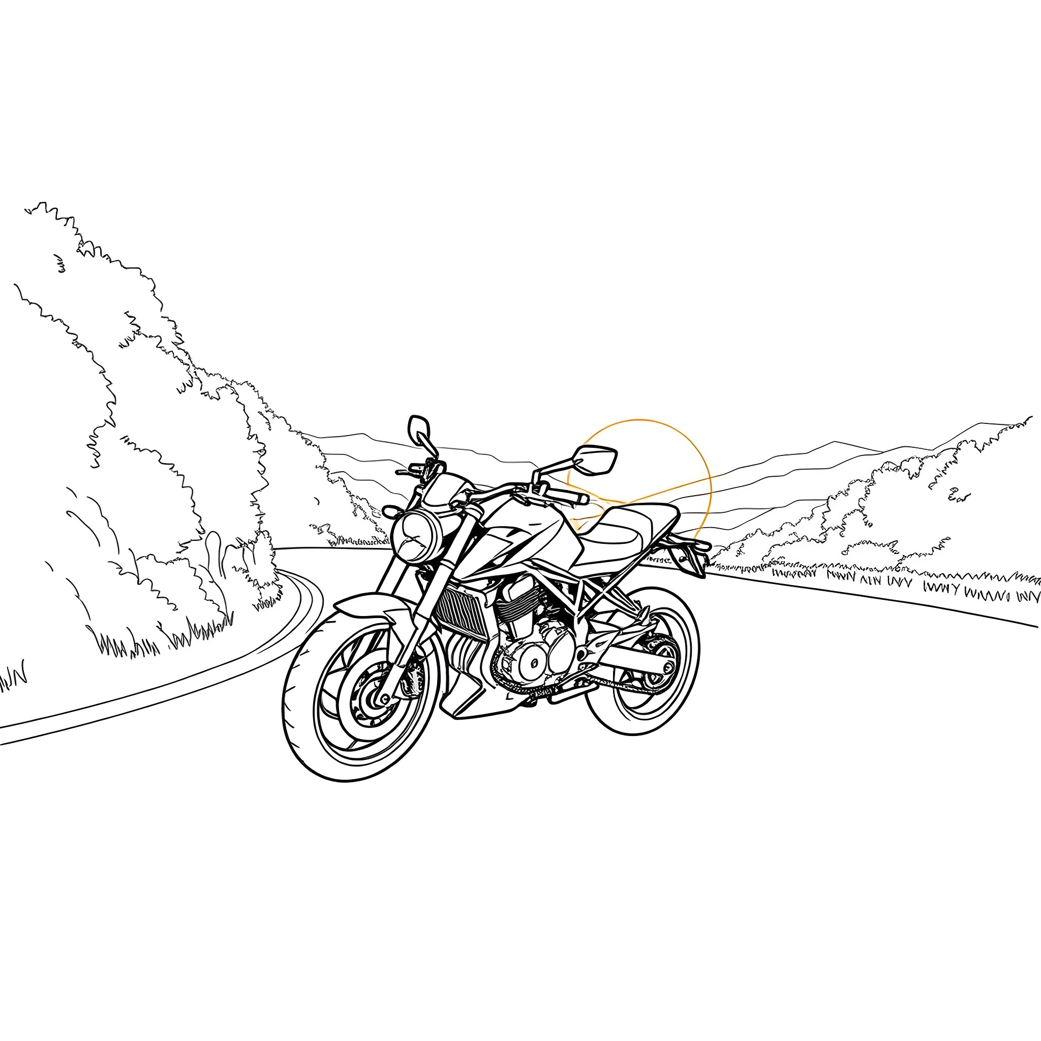 Motorcycle racing through winding roads Coloring Page (free black-and-white line drawing printable PDF for all, from beginners to advanced learners, including children, teens, adults, and seniors)