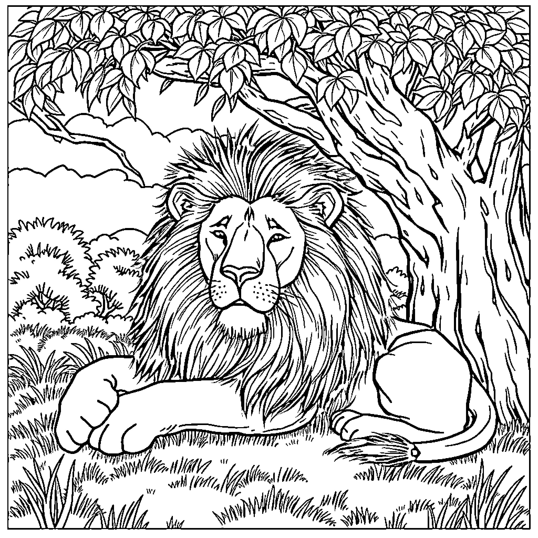 Lion resting peacefully in lush jungle Coloring Page (free black-and-white line drawing printable PDF for all, from beginners to advanced learners, including children, teens, adults, and seniors)
