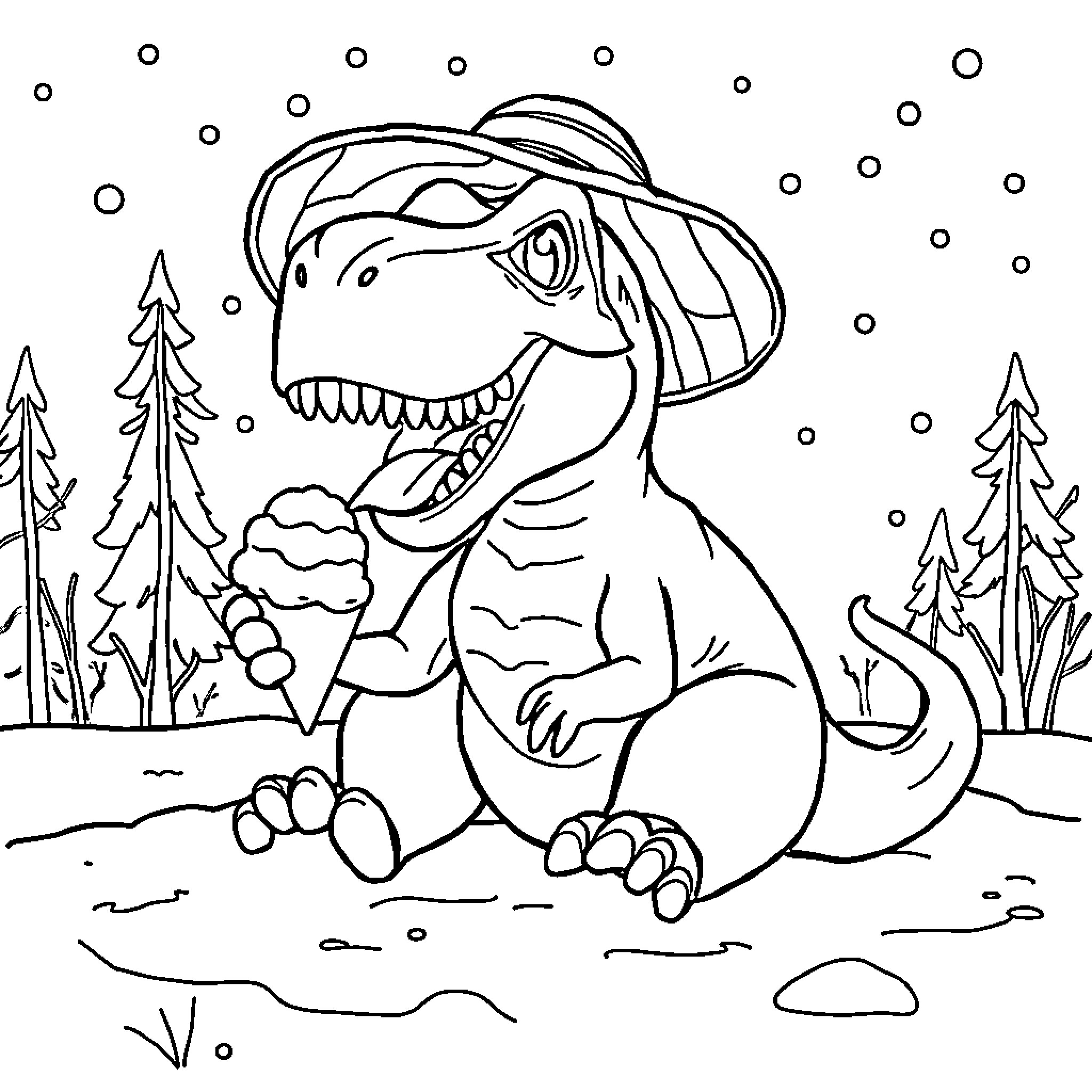 T-Rex playing in the snowy forest Coloring Page (free black-and-white line drawing printable PDF for all, from beginners to advanced learners, including children, teens, adults, and seniors)