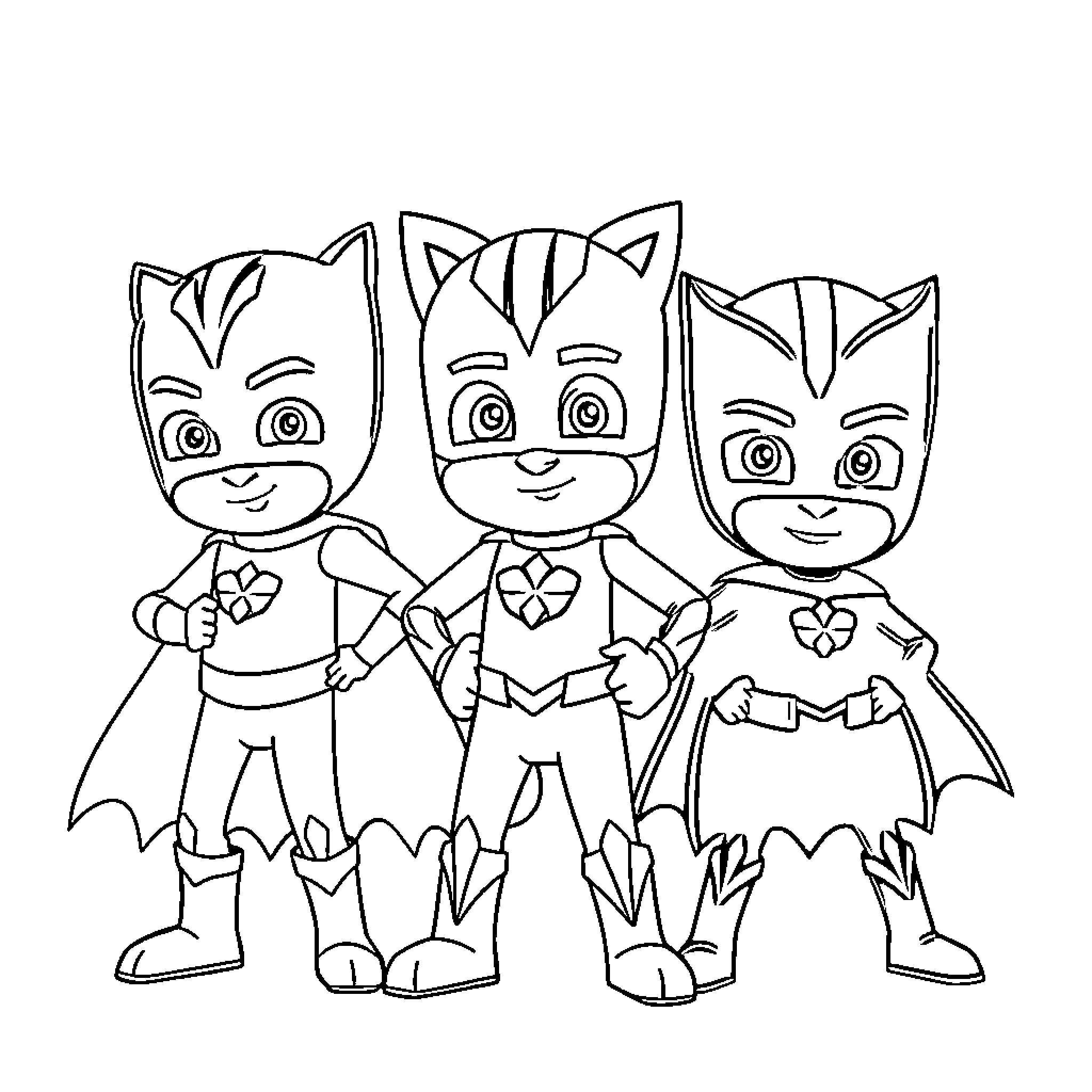 PJ Masks superheroes in action Coloring Page (free black-and-white line drawing printable PDF for all, from beginners to advanced learners, including children, teens, adults, and seniors)