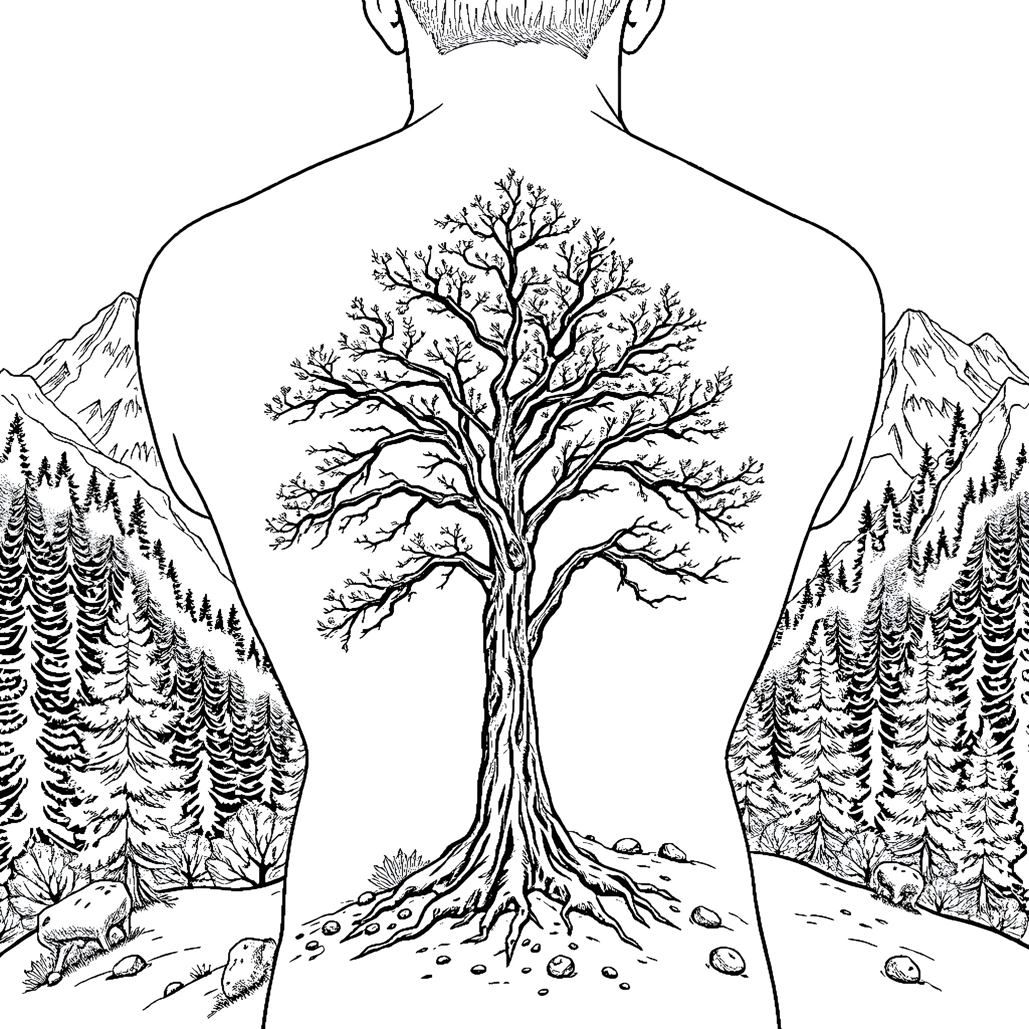 Tree tattoo design in mountainous forest landscape Coloring Page (free black-and-white line drawing printable PDF for all, from beginners to advanced learners, including children, teens, adults, and seniors)