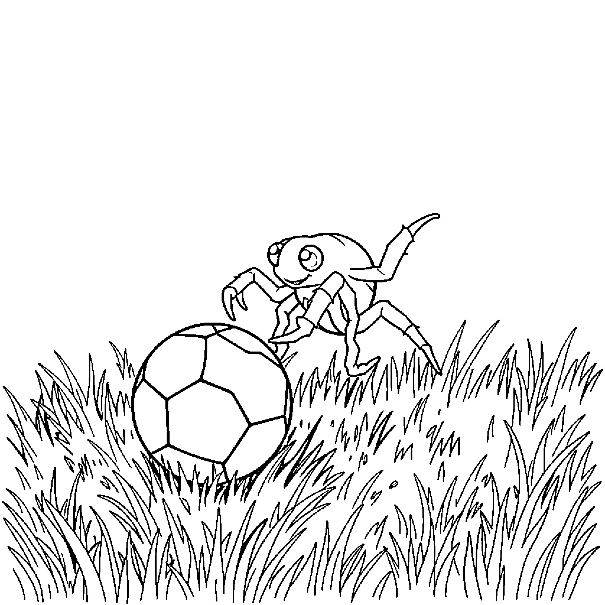 Spider scurrying on a soccer ball in the grass Coloring Page (free black-and-white line drawing printable PDF for all, from beginners to advanced learners, including children, teens, adults, and seniors)