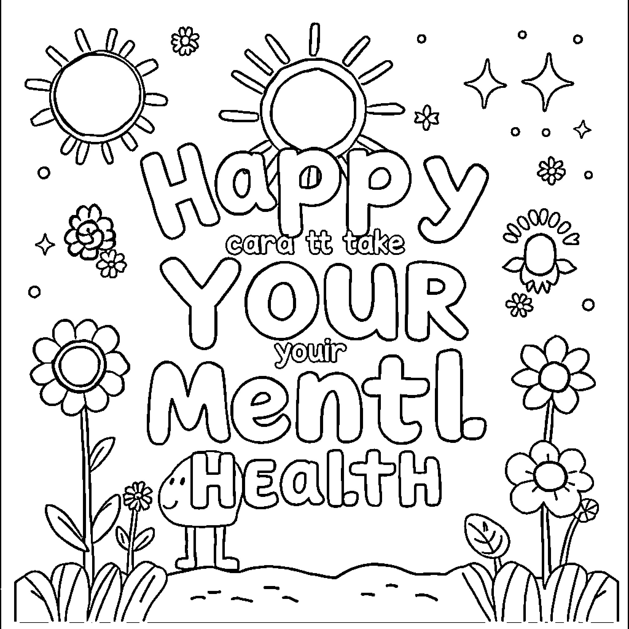 Mental Health: Colorful Flowers and Suns Promoting Well-being Coloring Page (free black-and-white line drawing printable PDF for all, from beginners to advanced learners, including children, teens, adults, and seniors)