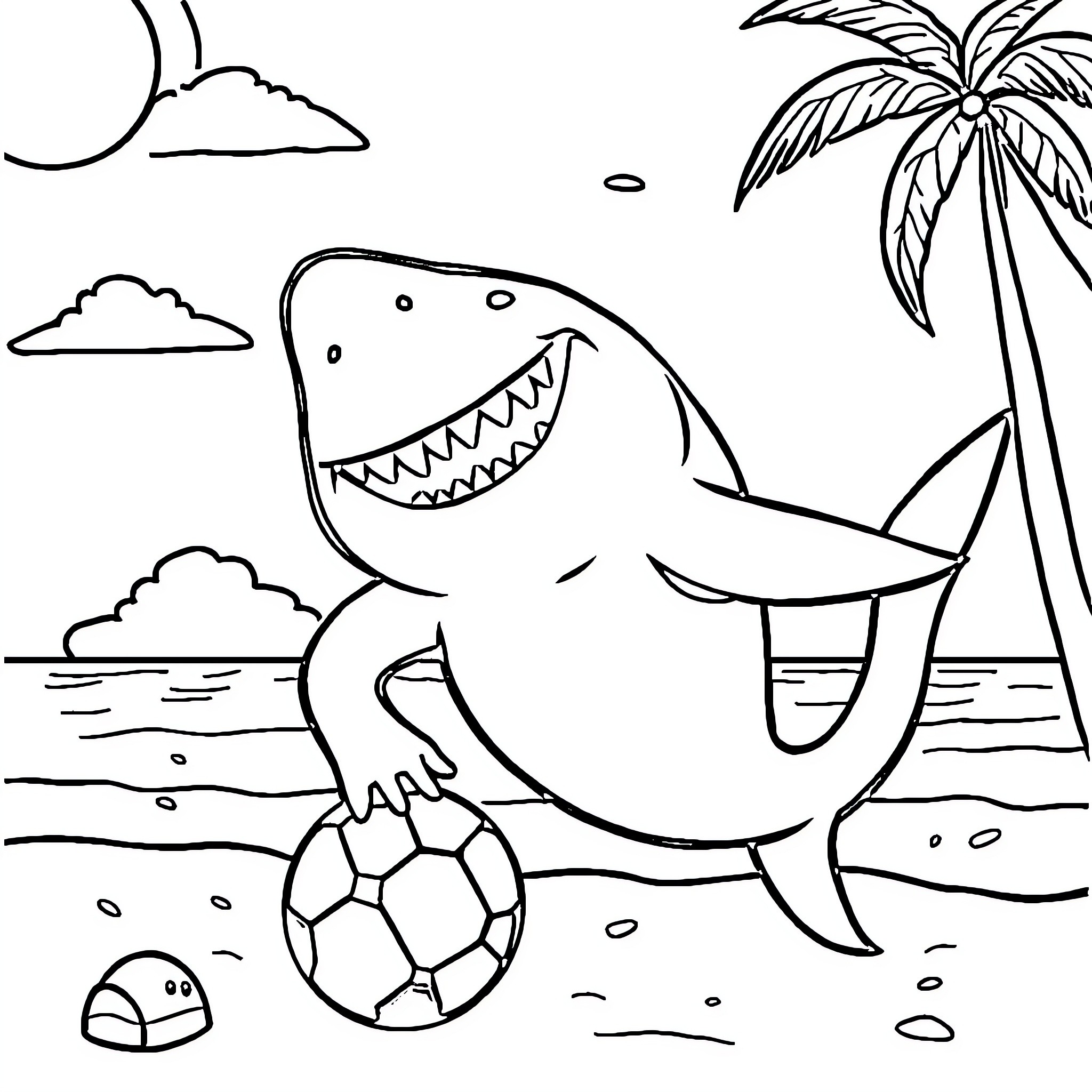 Shark enjoying a sunny beach day Coloring Page (free black-and-white line drawing printable PDF for all, from beginners to advanced learners, including children, teens, adults, and seniors)