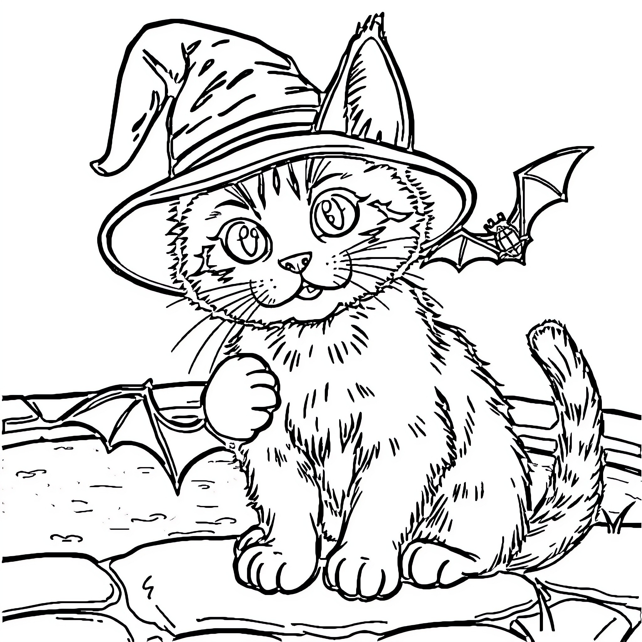Cat in Witch's Hat with Bats Coloring Page (free black-and-white line drawing printable PDF for all, from beginners to advanced learners, including children, teens, adults, and seniors)