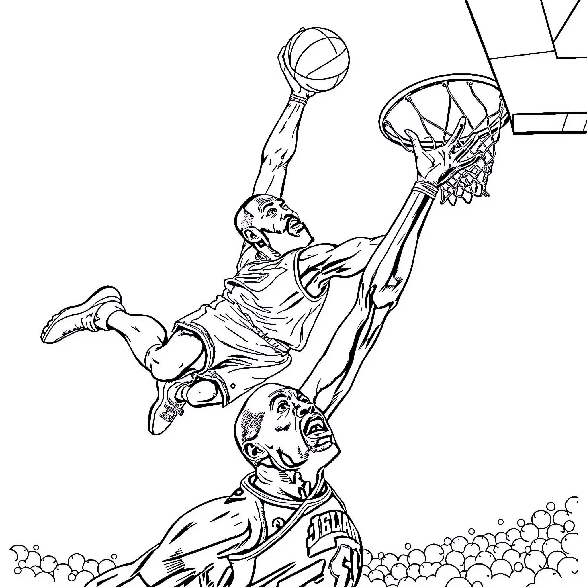 LeBron Performing Impressive Basketball Dunk Coloring Page (free black-and-white line drawing printable PDF for all, from beginners to advanced learners, including children, teens, adults, and seniors)