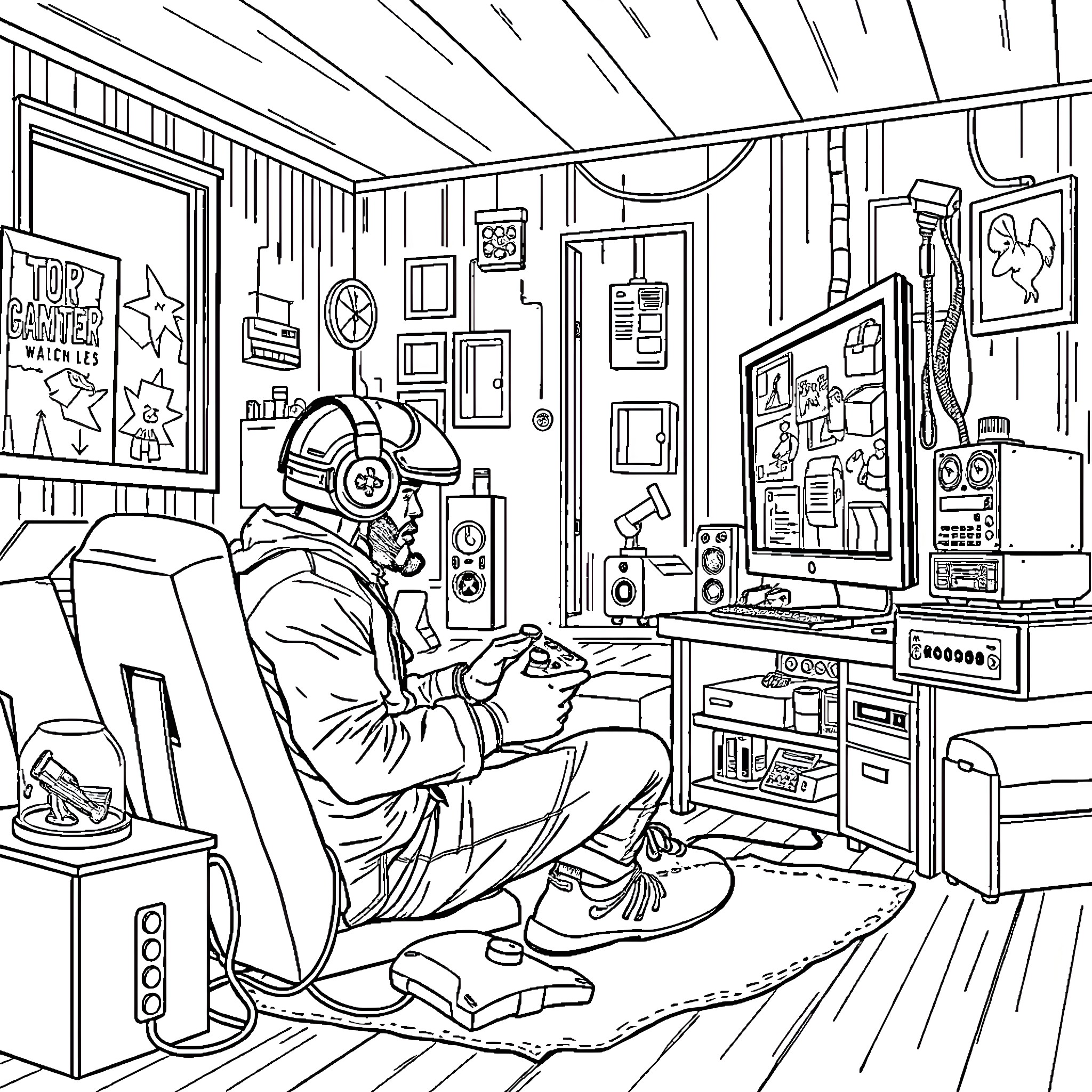 Machinist relaxing and enjoying hobbies in his workshop Coloring Page (free black-and-white line drawing printable PDF for all, from beginners to advanced learners, including children, teens, adults, and seniors)