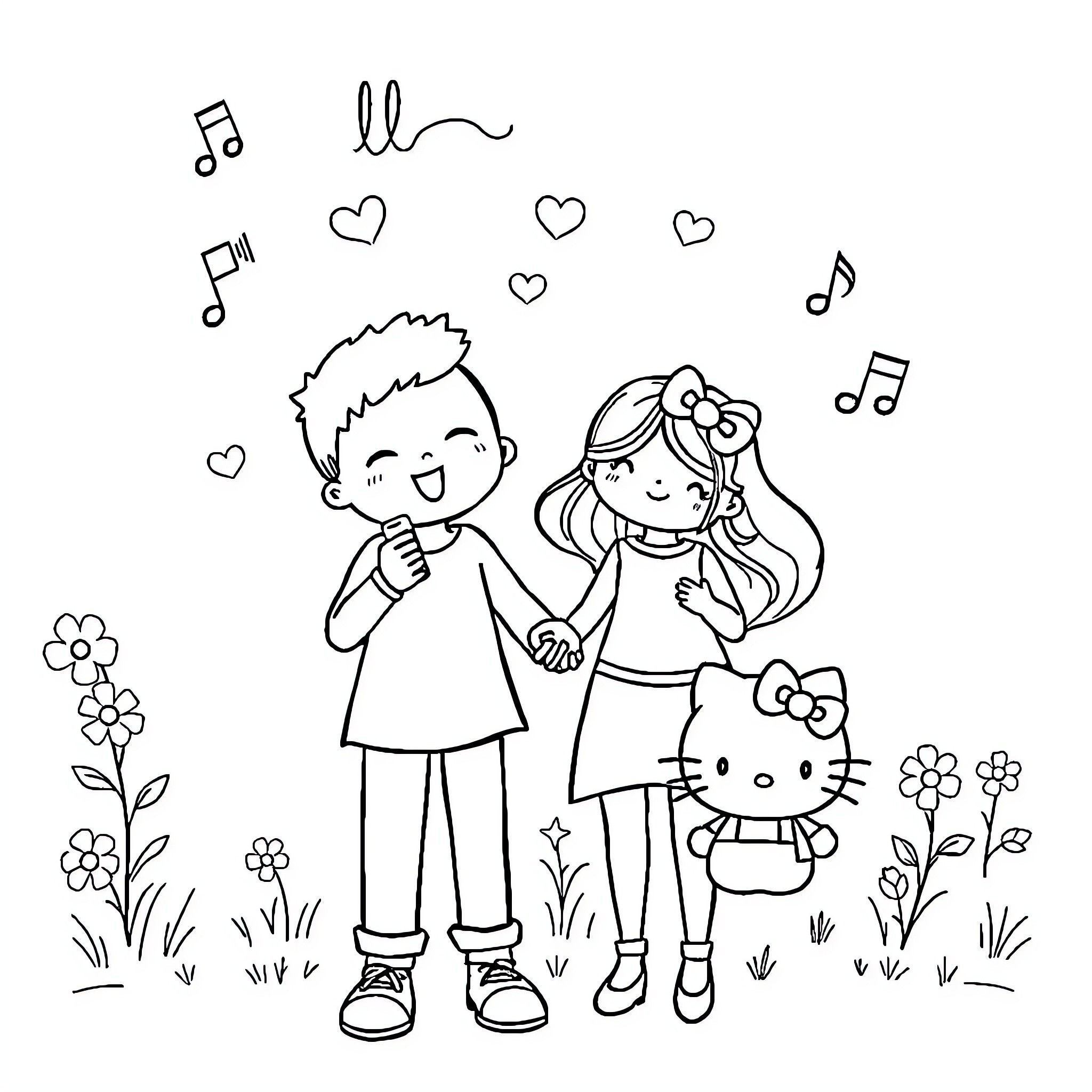 Hello Kitty Couple Enjoying Musical Moments Coloring Page (free black-and-white line drawing printable PDF for all, from beginners to advanced learners, including children, teens, adults, and seniors)