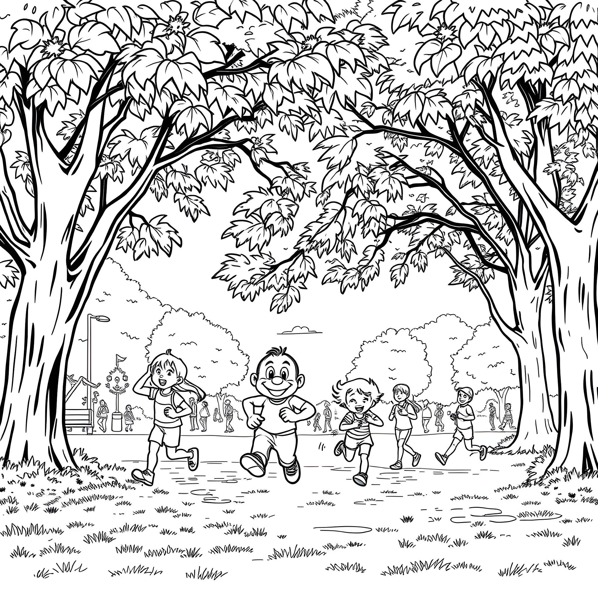 Guy happily playing with children in the park Coloring Page (free black-and-white line drawing printable PDF for all, from beginners to advanced learners, including children, teens, adults, and seniors)