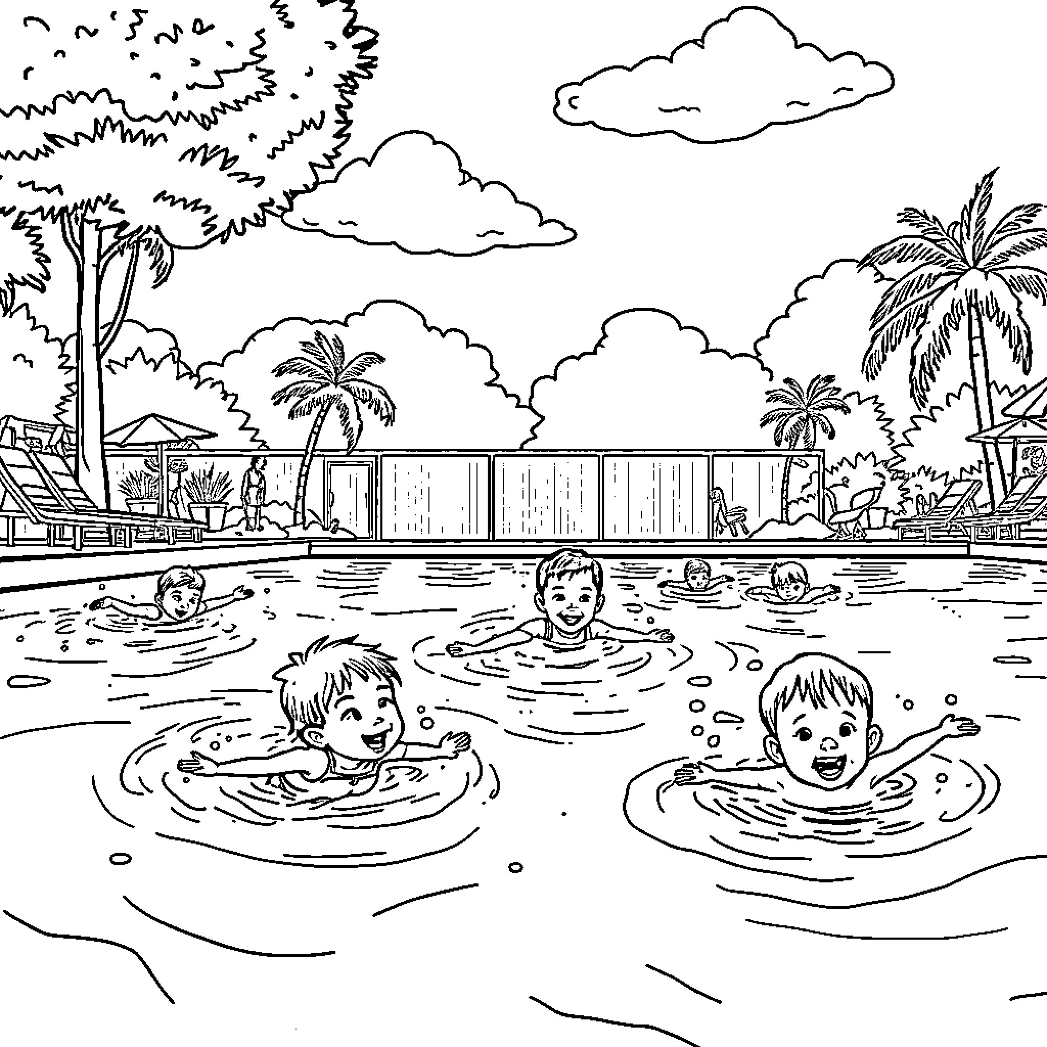 Kids enjoying a day at the pool Coloring Page (free black-and-white line drawing printable PDF for all, from beginners to advanced learners, including children, teens, adults, and seniors)