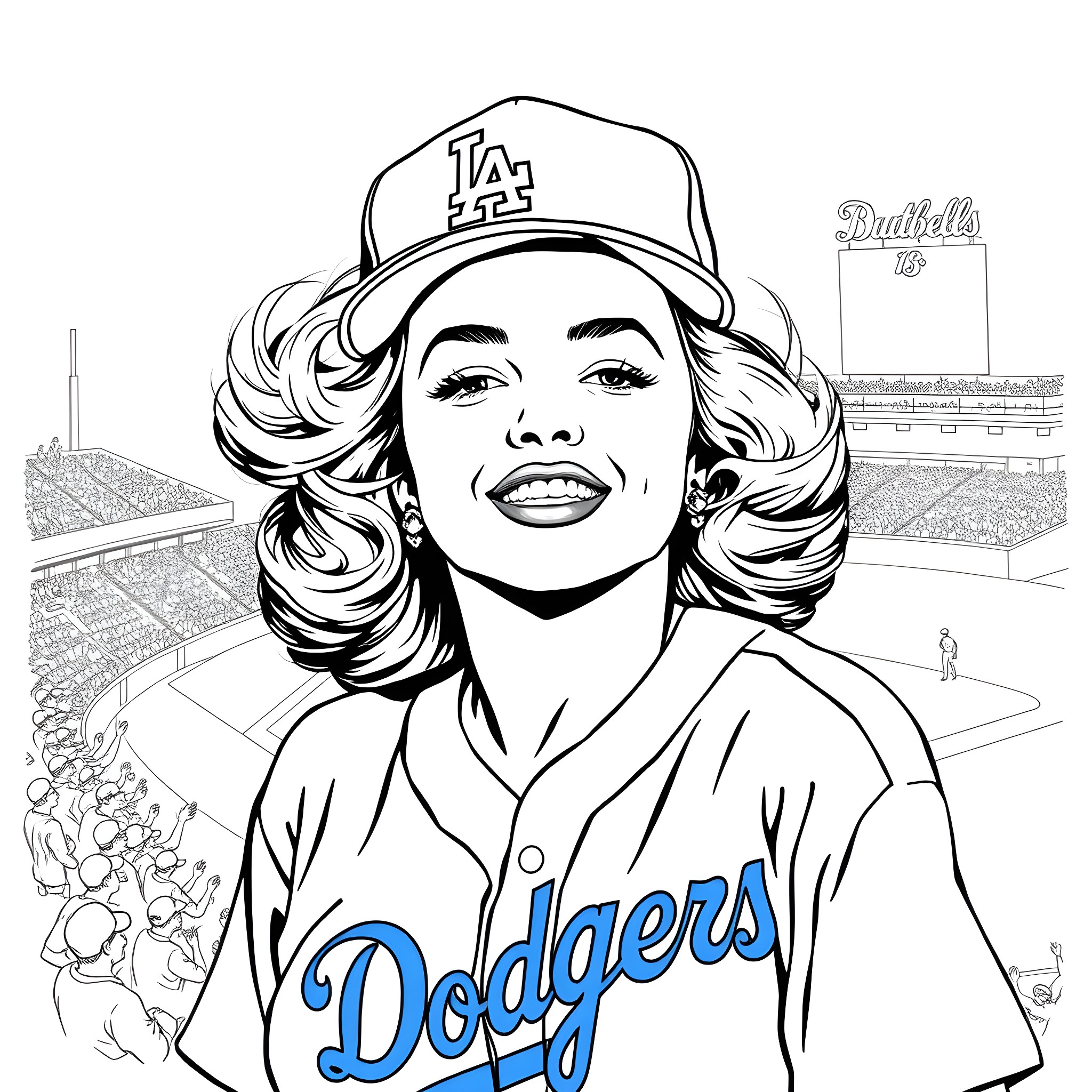 Marilyn Monroe at the Dodgers baseball game Coloring Page (free black-and-white line drawing printable PDF for all, from beginners to advanced learners, including children, teens, adults, and seniors)