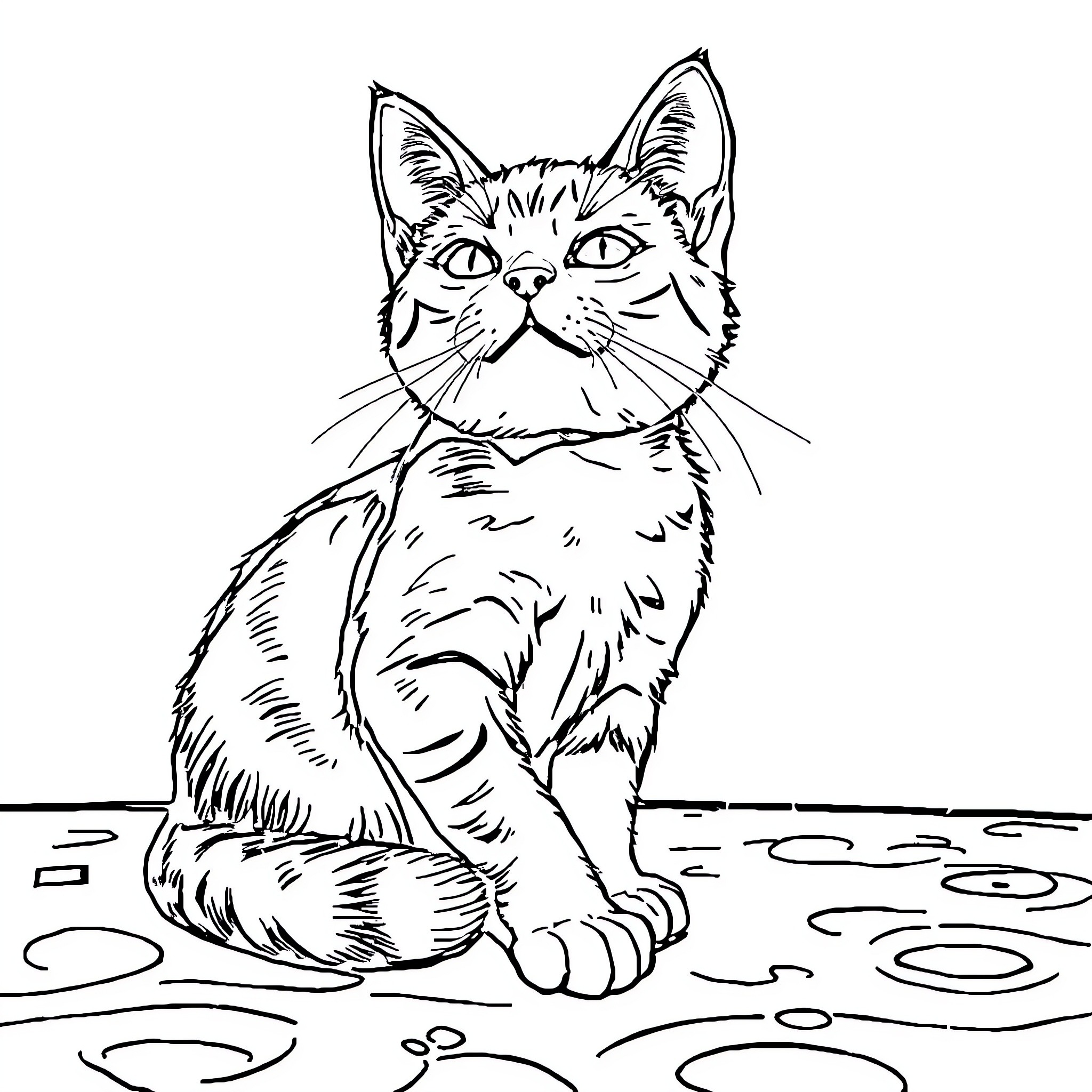 Cat sitting in contemplative pose Coloring Page (free black-and-white line drawing printable PDF for all, from beginners to advanced learners, including children, teens, adults, and seniors)