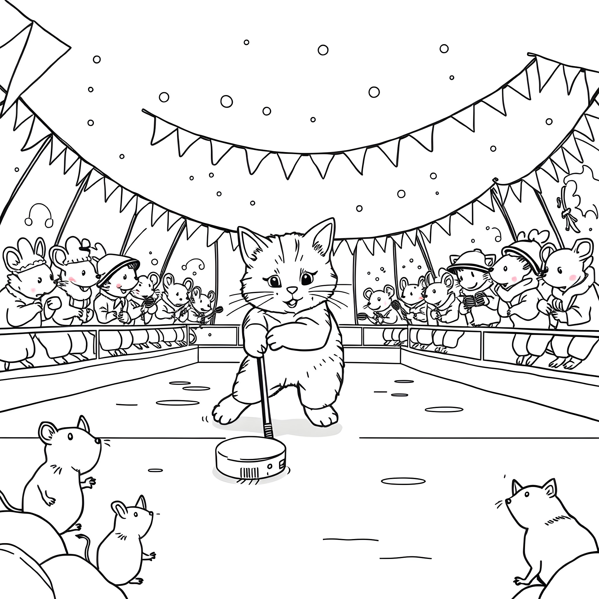 Cats performing in a circus show Coloring Page (free black-and-white line drawing printable PDF for all, from beginners to advanced learners, including children, teens, adults, and seniors)